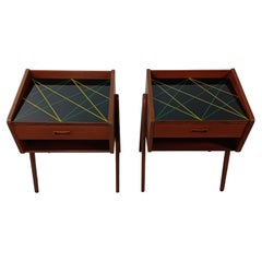 1960s Set of Two Fully restored Teak Nightstands with Decorated Glass Tabletops
