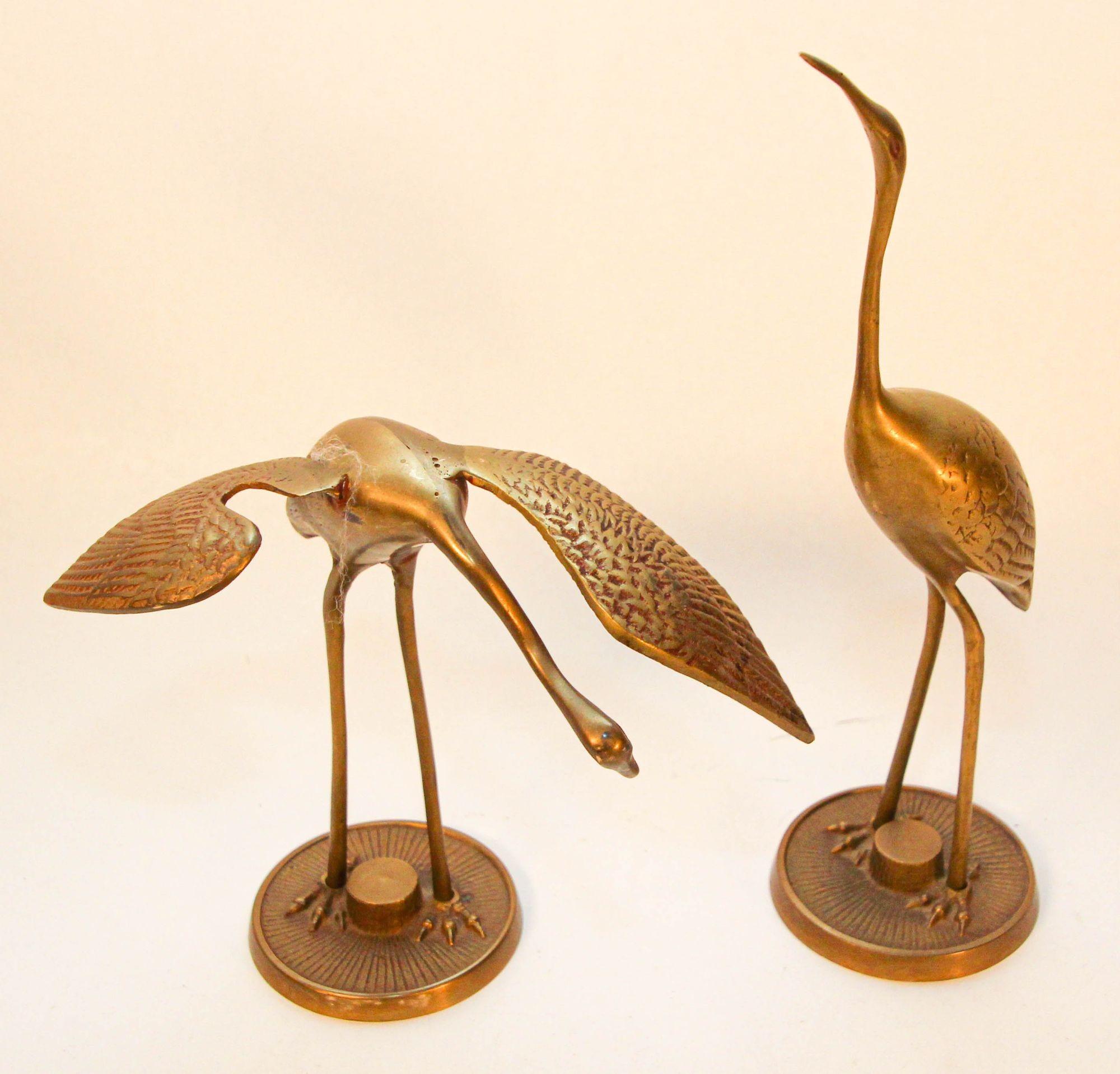Vintage Hollywood Regency Asian Style Brass Crane Sculptures 1960s Set of Two For Sale 8