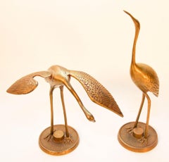 Brass Crane Bird Sculptures 1960s Set of Two Vintage Hollywood Regency Asian Sty
