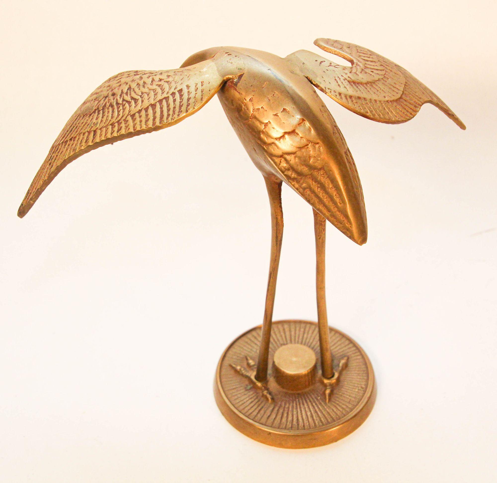Japanese Vintage Hollywood Regency Asian Style Brass Crane Sculptures 1960s Set of Two For Sale