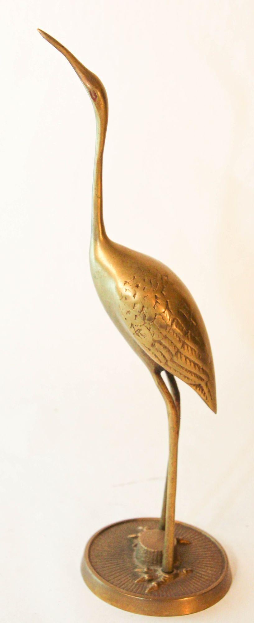 Vintage Hollywood Regency Asian Style Brass Crane Sculptures 1960s Set of Two In Good Condition For Sale In North Hollywood, CA