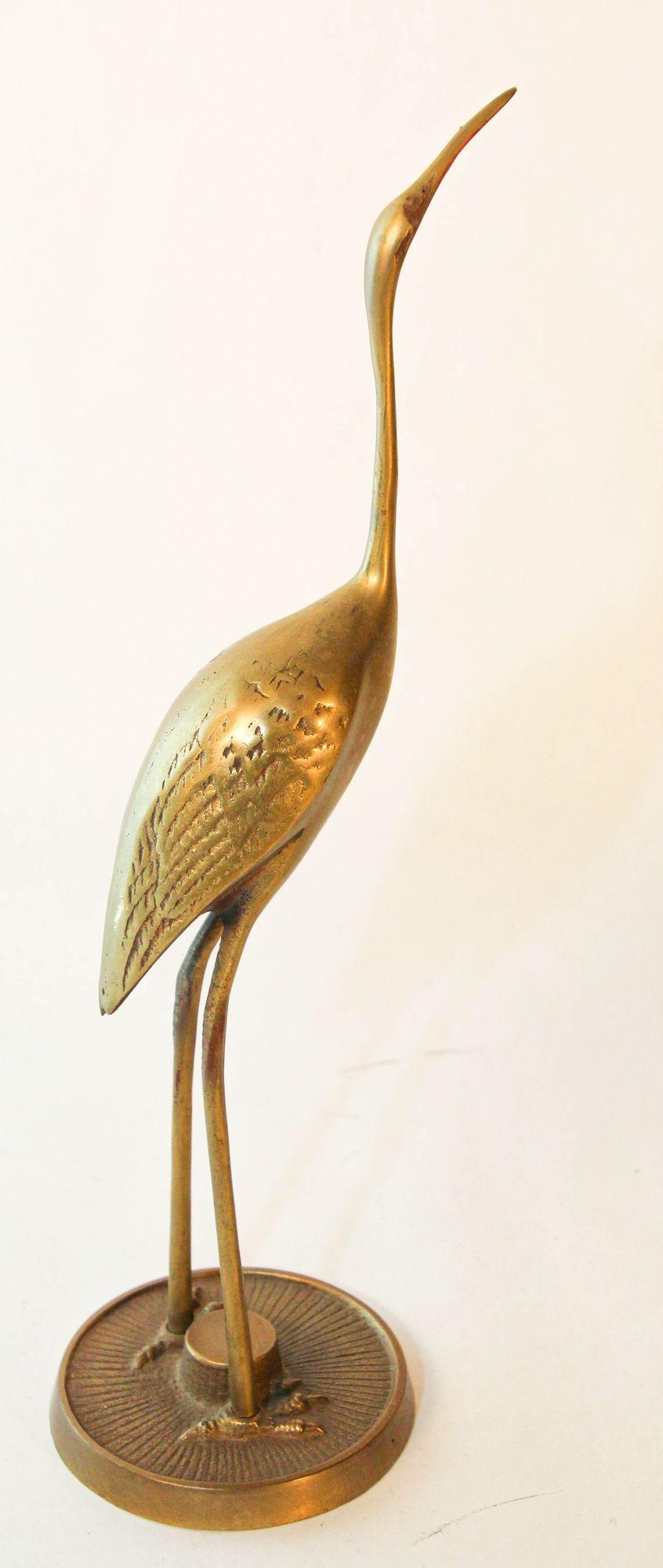 Vintage Hollywood Regency Asian Style Brass Crane Sculptures 1960s Set of Two In Good Condition For Sale In North Hollywood, CA
