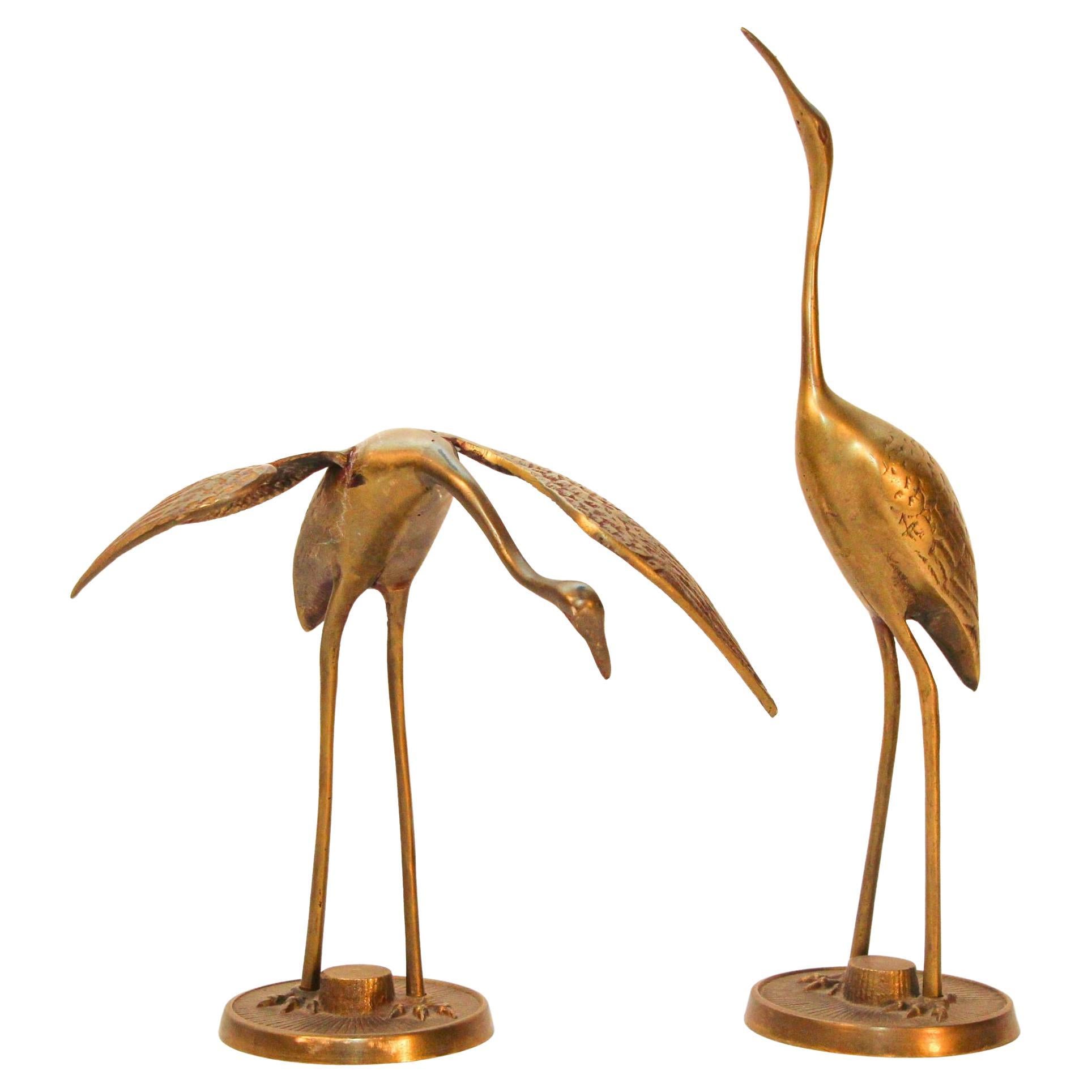 Vintage Hollywood Regency Asian Style Brass Crane Sculptures 1960s Set of Two For Sale