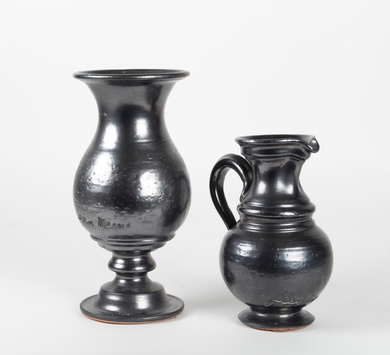 French 1960s Set of Two Jean Marais Black Enameled Vase and Jug Ceramics