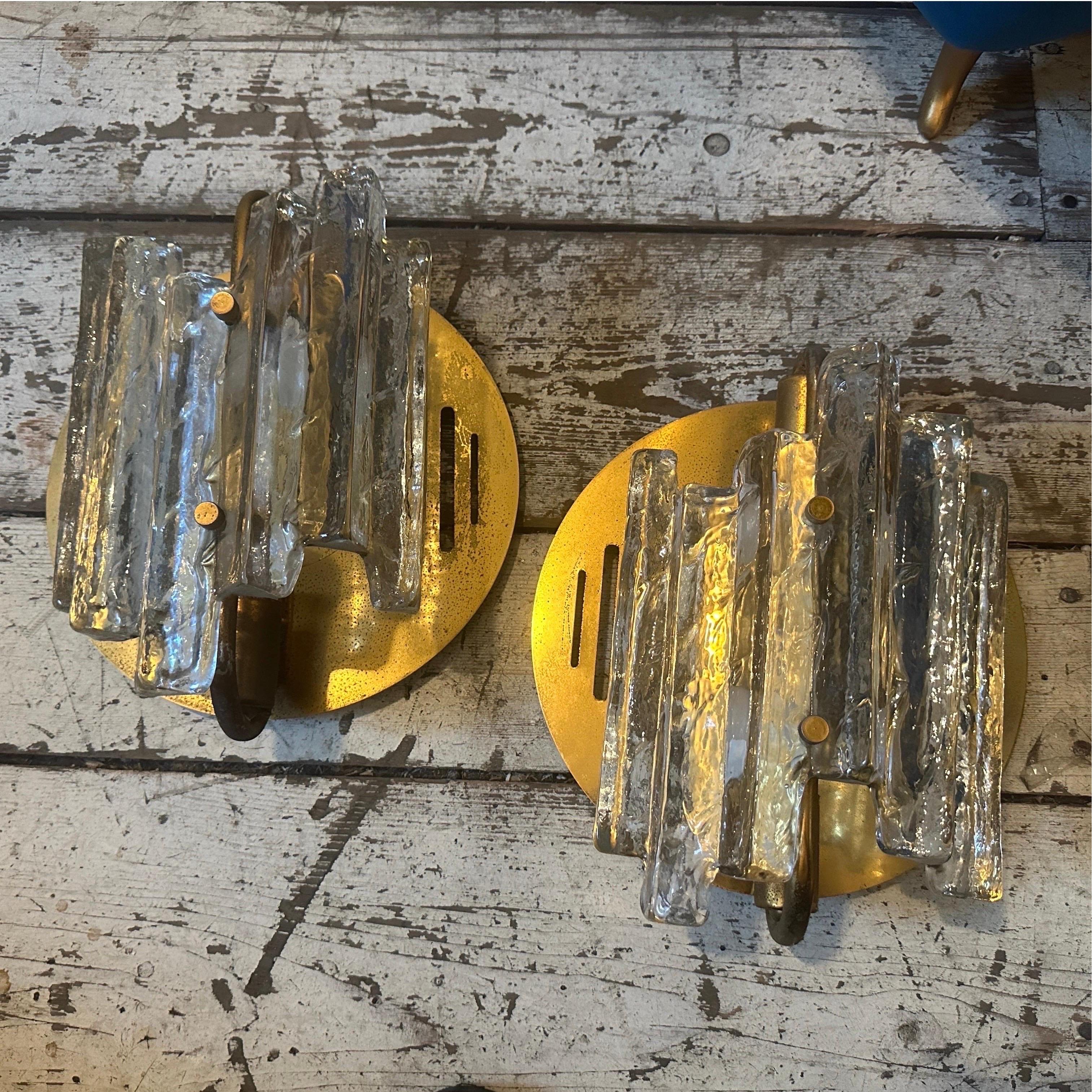 1960s Set of two Metal and Clear Murano Glass Mid-Century Modern Wall Sconces 7