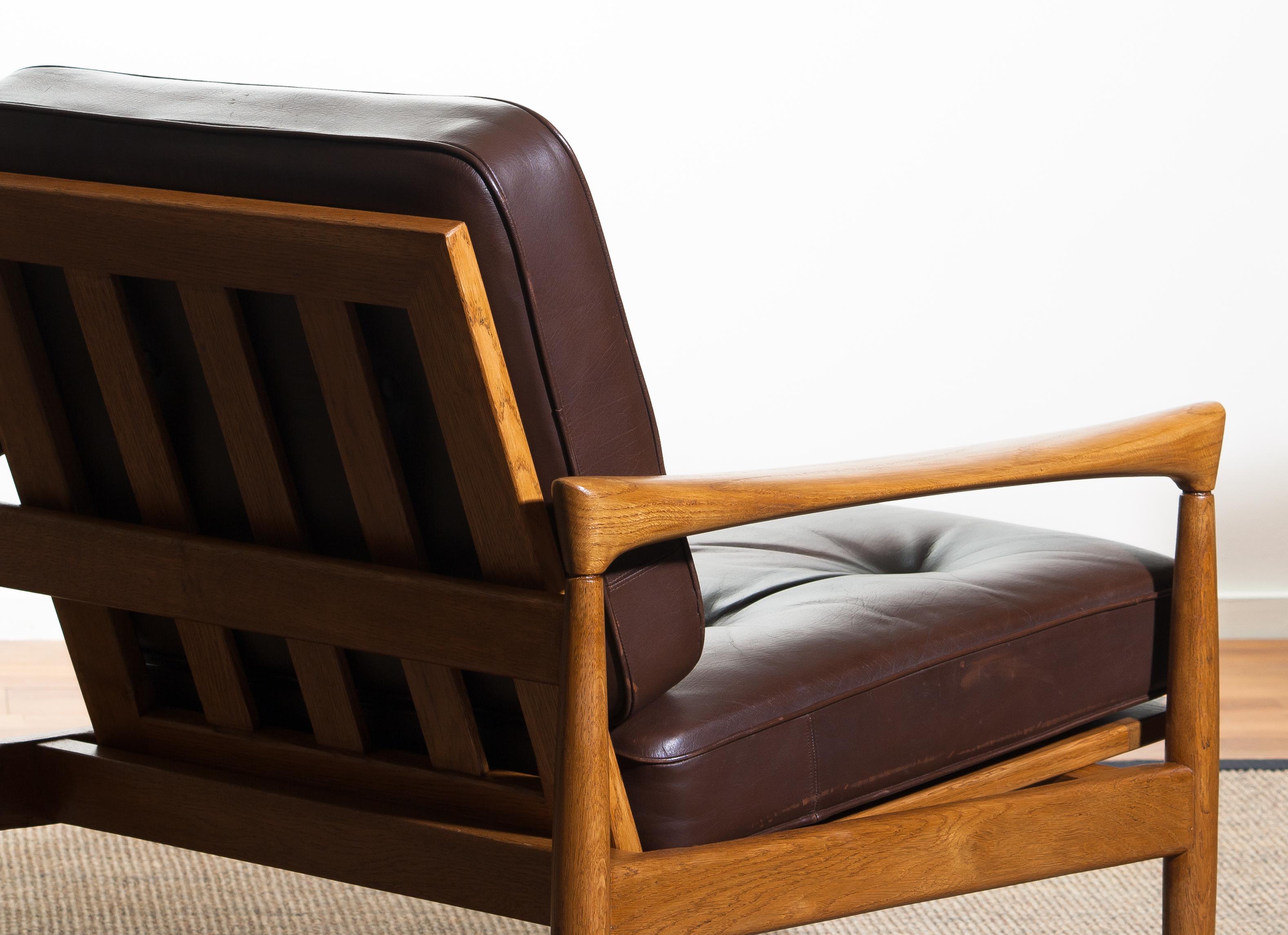 1960s, Set of Two Oak and Brown Leather Easy or Lounge Chairs by Erik Wörtz 4