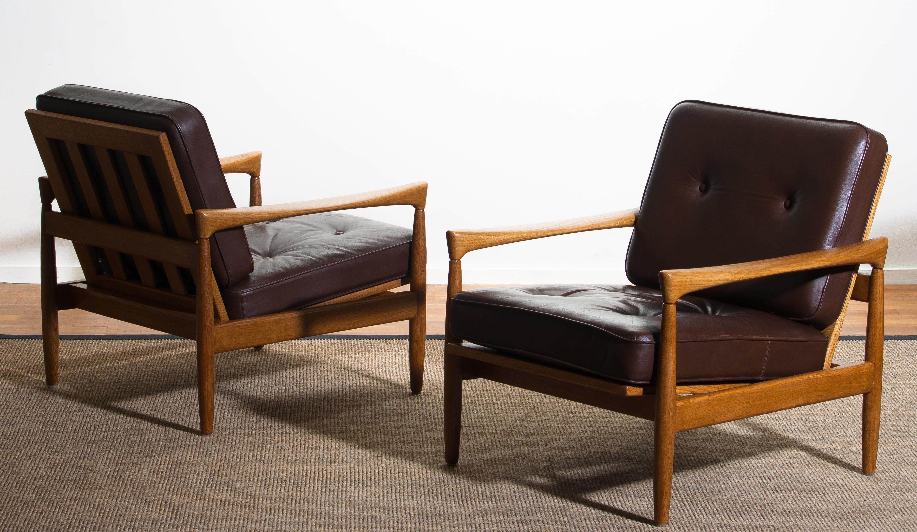 1960s, Set of Two Oak and Brown Leather Easy or Lounge Chairs by Erik Wörtz 5