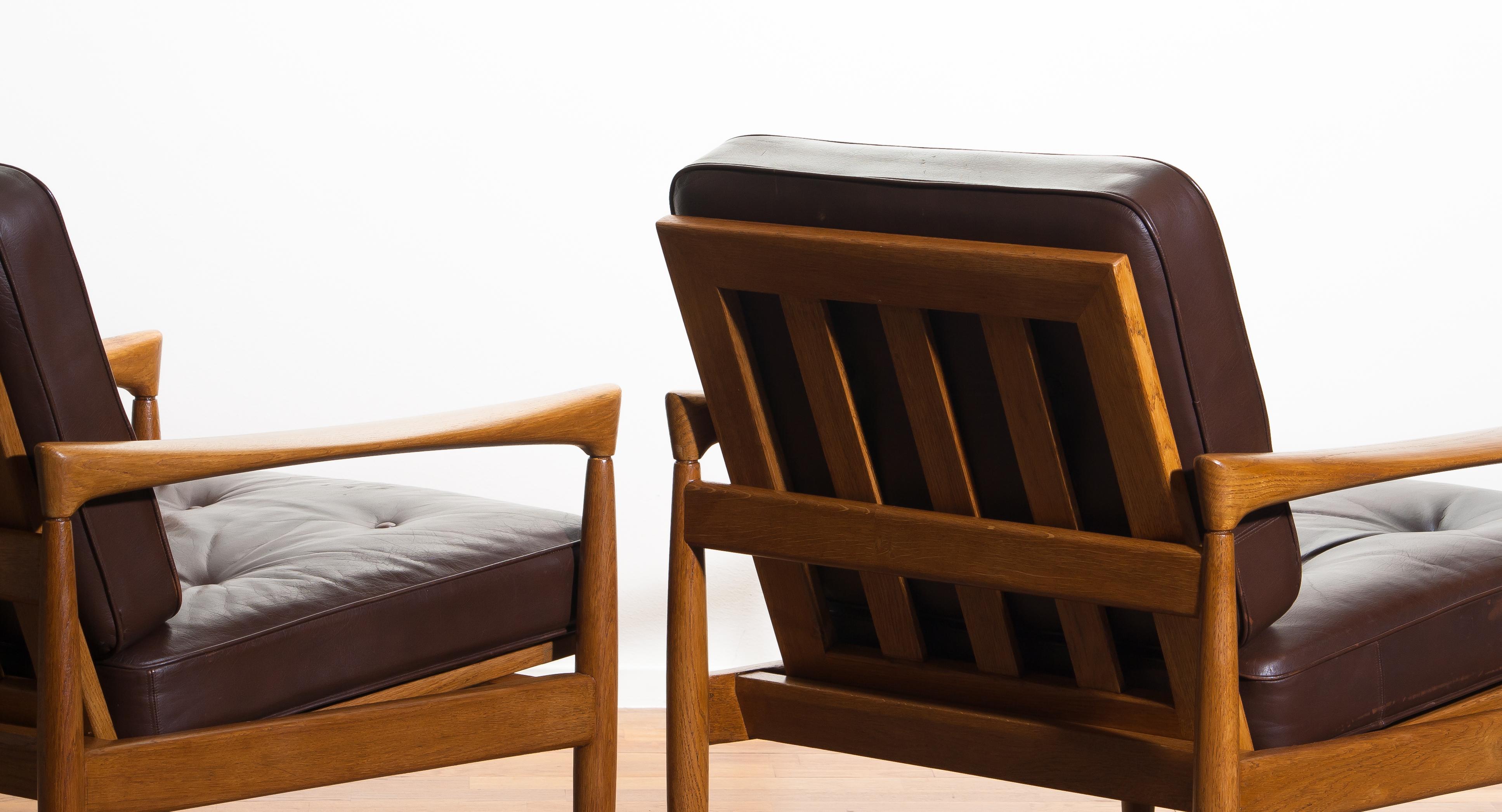 1960s, Set of Two Oak and Brown Leather Easy or Lounge Chairs by Erik Wörtz 9