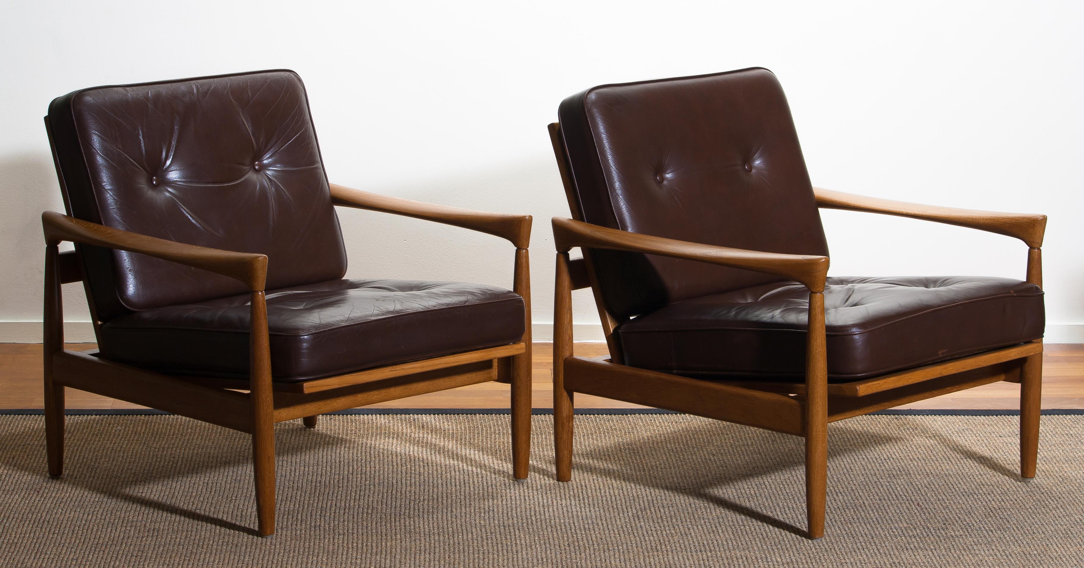 1960s, Set of Two Oak and Brown Leather Easy or Lounge Chairs by Erik Wörtz 11