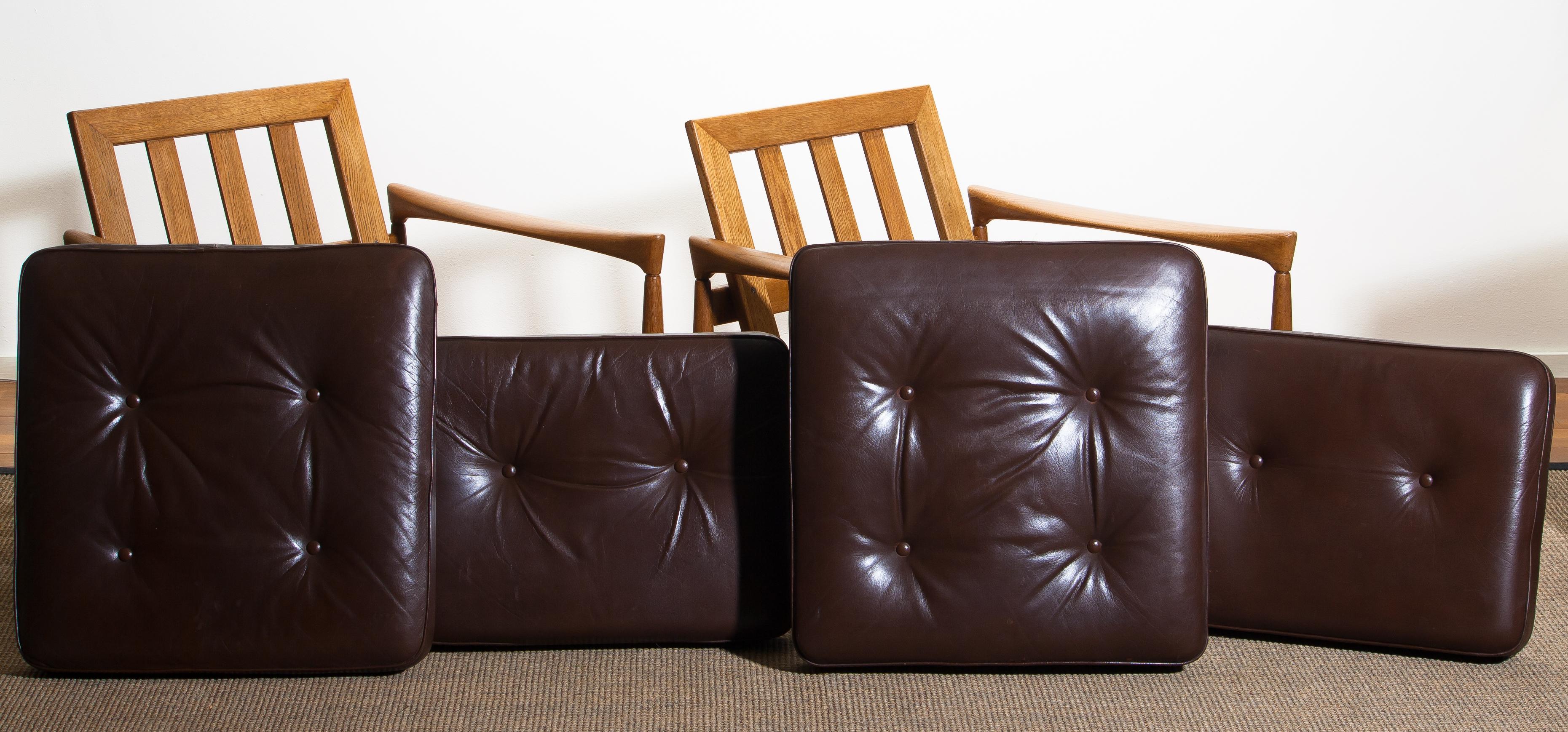 1960s, Set of Two Oak and Brown Leather Easy or Lounge Chairs by Erik Wörtz 11