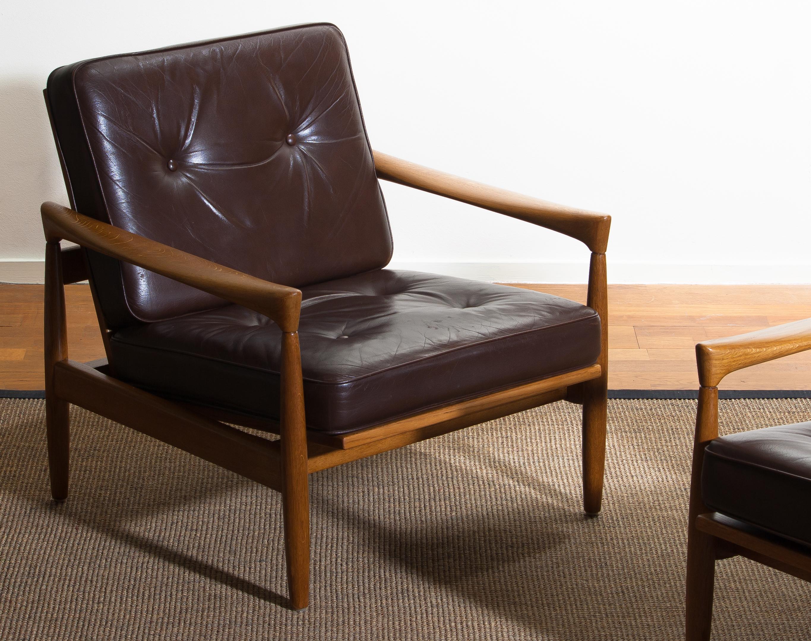 Swedish 1960s, Set of Two Oak and Brown Leather Easy or Lounge Chairs by Erik Wörtz