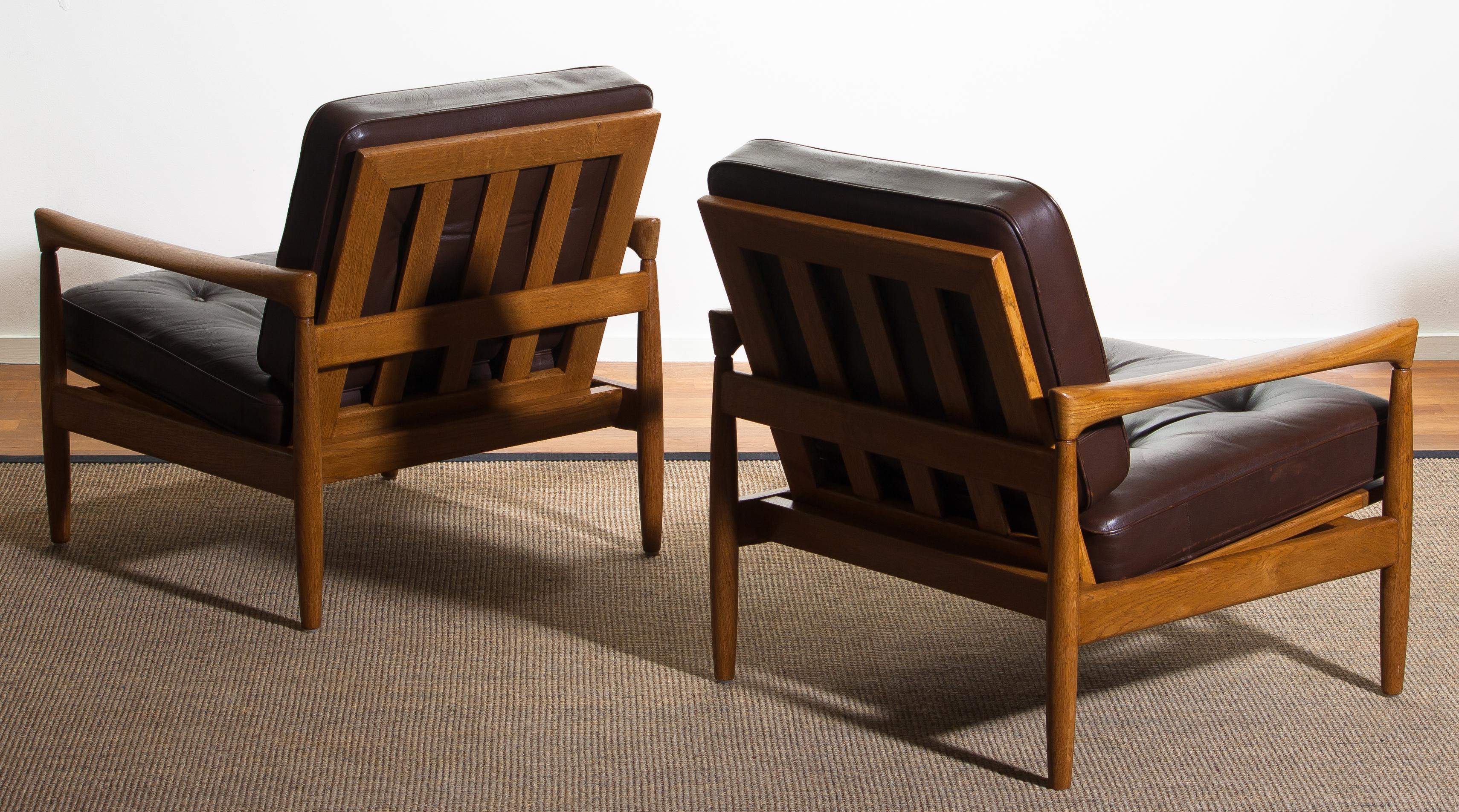 Mid-20th Century 1960s, Set of Two Oak and Brown Leather Easy or Lounge Chairs by Erik Wörtz