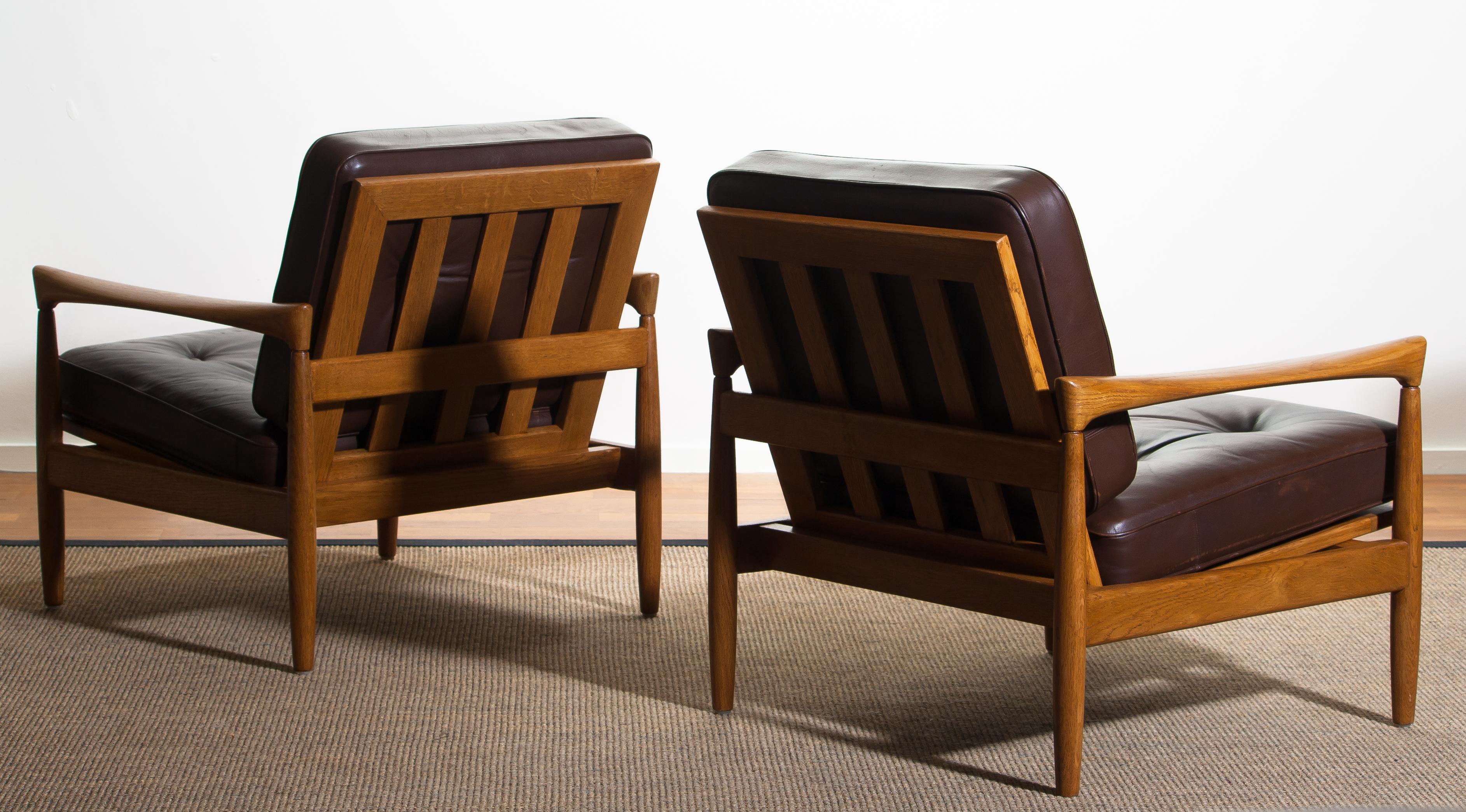 1960s, Set of Two Oak and Brown Leather Easy or Lounge Chairs by Erik Wörtz 1