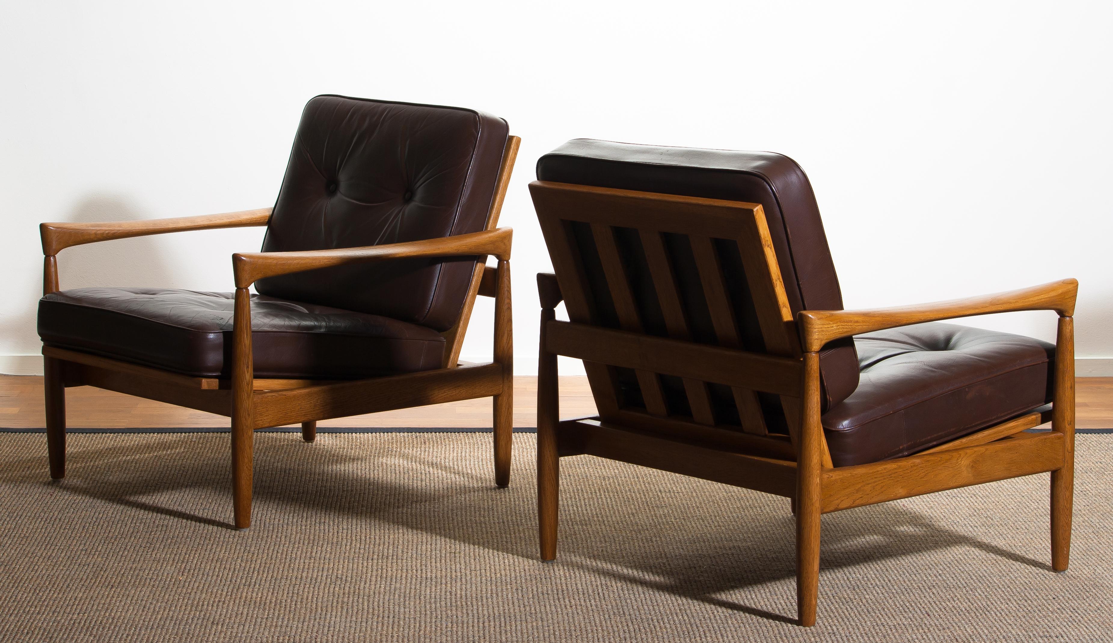 1960s, Set of Two Oak and Brown Leather Easy or Lounge Chairs by Erik Wörtz 4