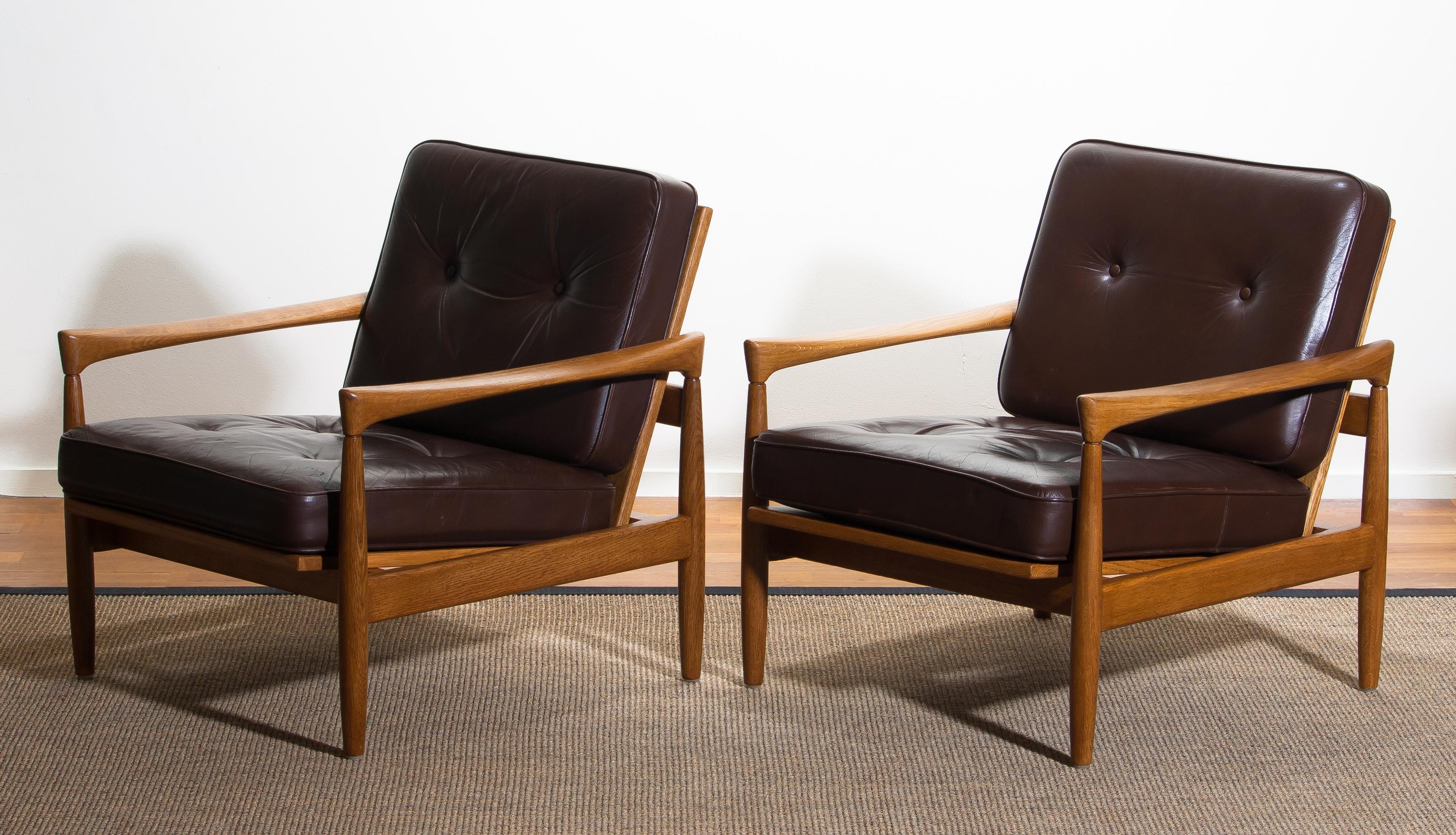 1960s, Set of Two Oak and Brown Leather Easy or Lounge Chairs by Erik Wörtz 7