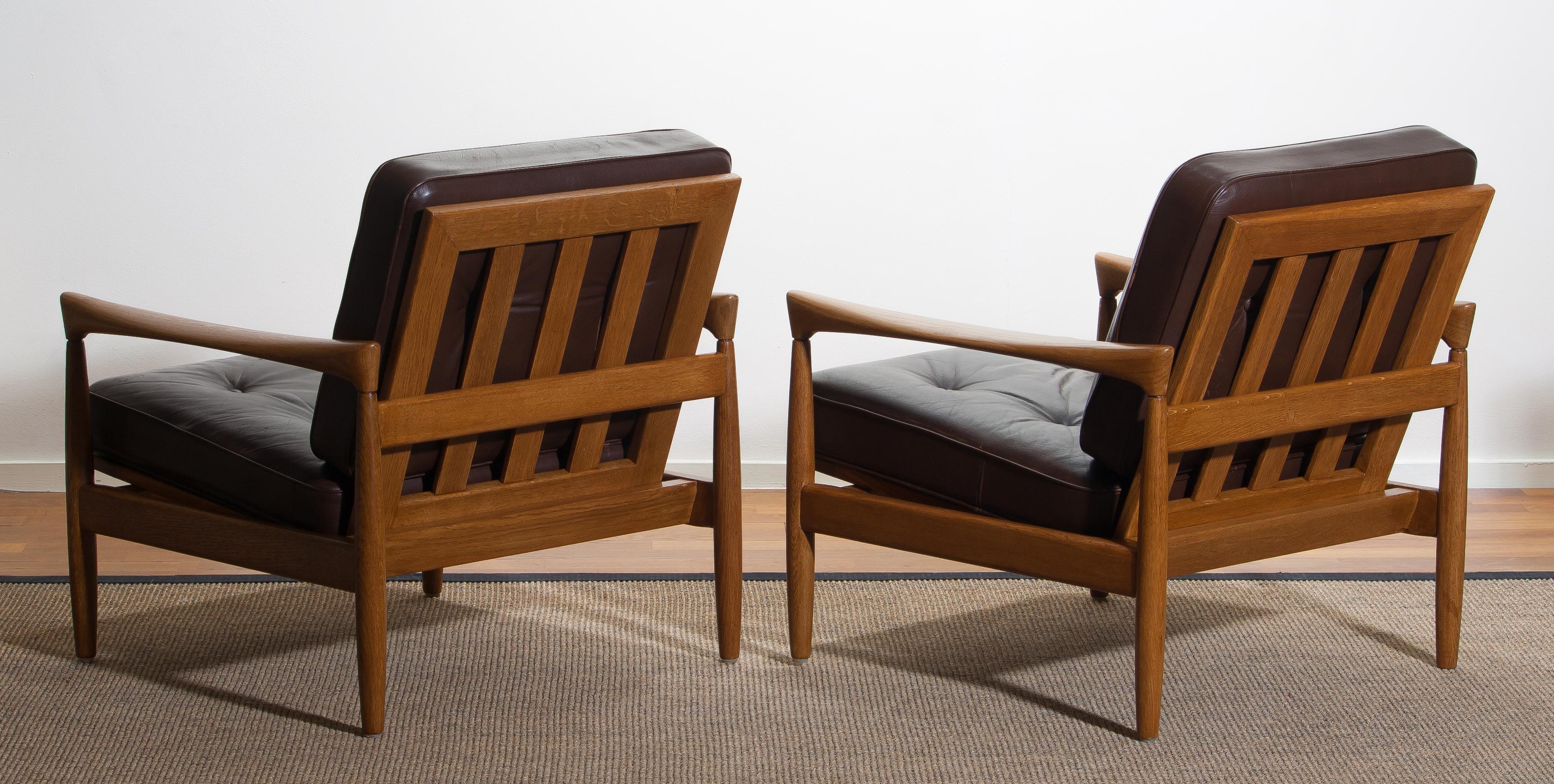 1960s, Set of Two Oak and Brown Leather Easy or Lounge Chairs by Erik Wörtz 8