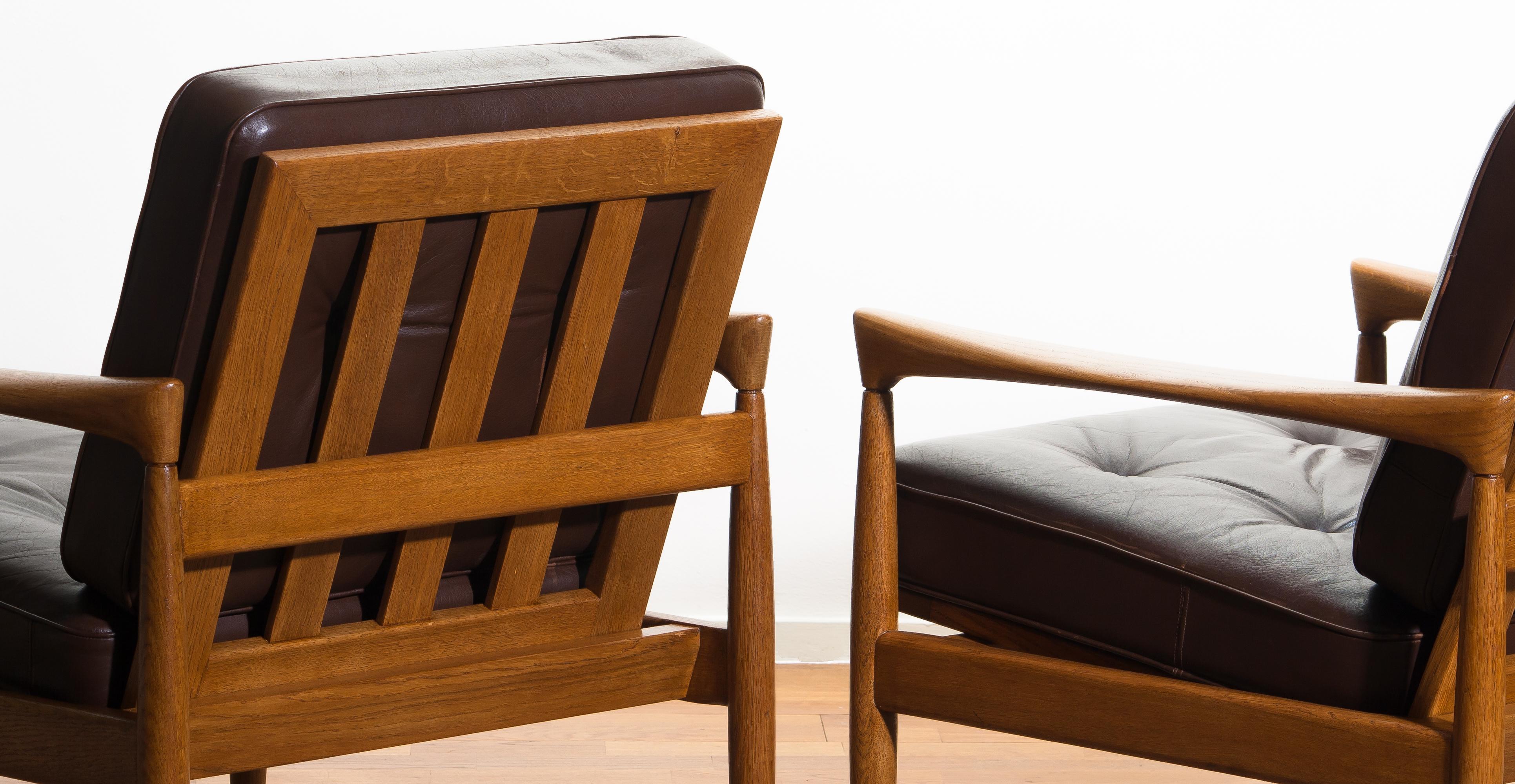 1960s, Set of Two Oak and Brown Leather Easy or Lounge Chairs by Erik Wörtz 9