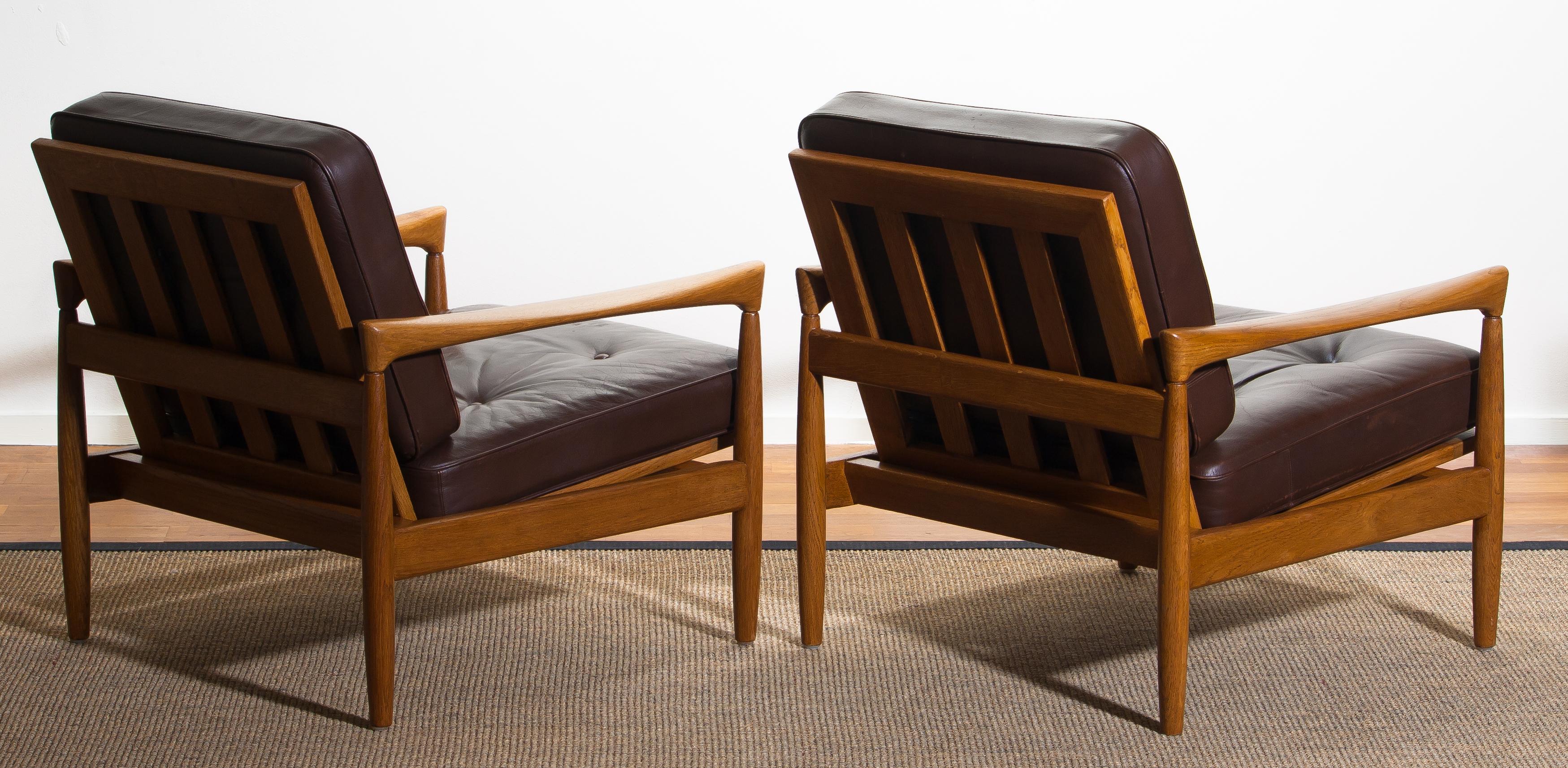 1960s, Set of Two Oak and Brown Leather Easy or Lounge Chairs by Erik Wörtz 10