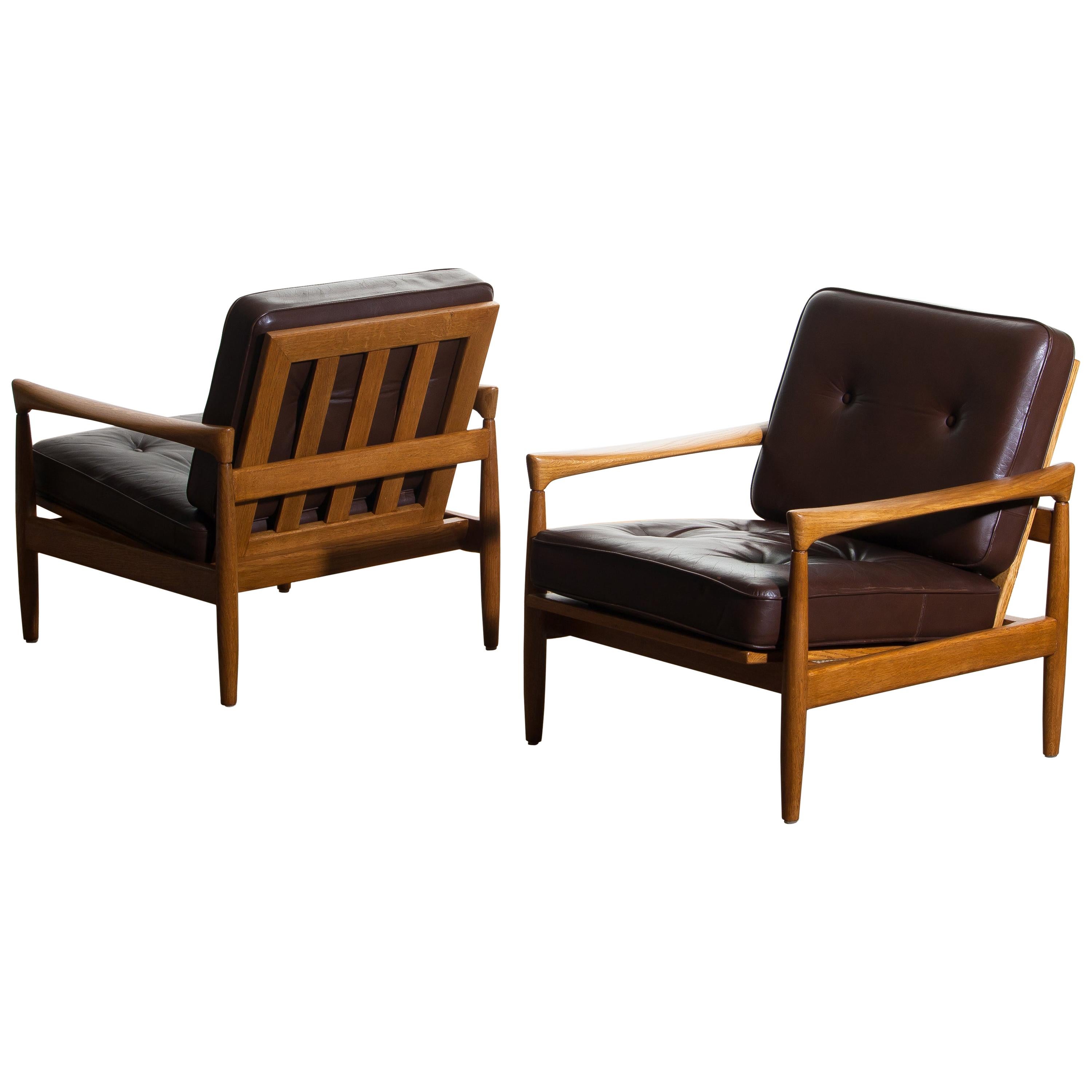 Swedish 1960s, Set of Two Oak and Brown Leather Easy or Lounge Chairs by Erik Wörtz