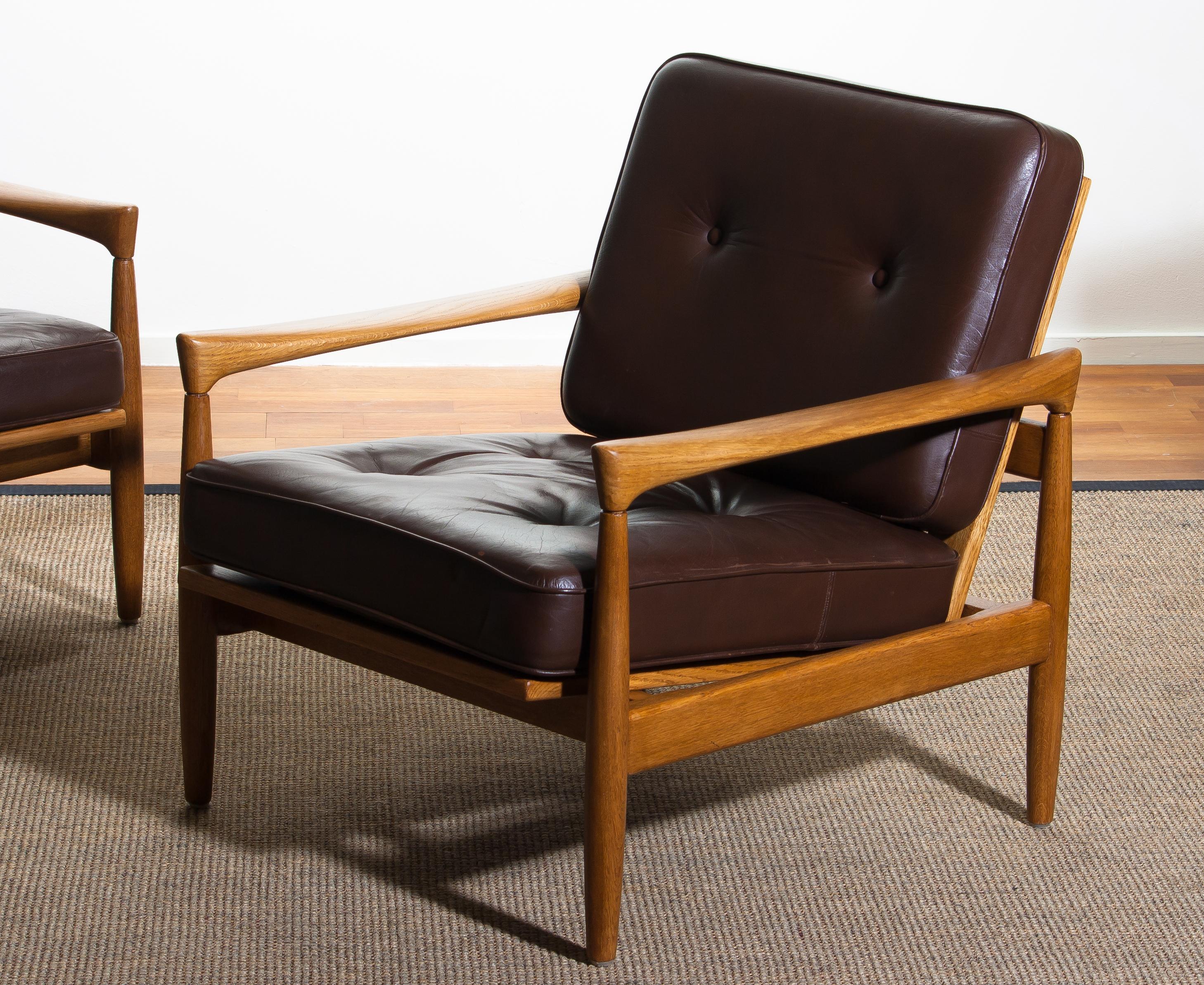 Swedish 1960s, Set of Two Oak and Brown Leather Easy or Lounge Chairs by Erik Wörtz