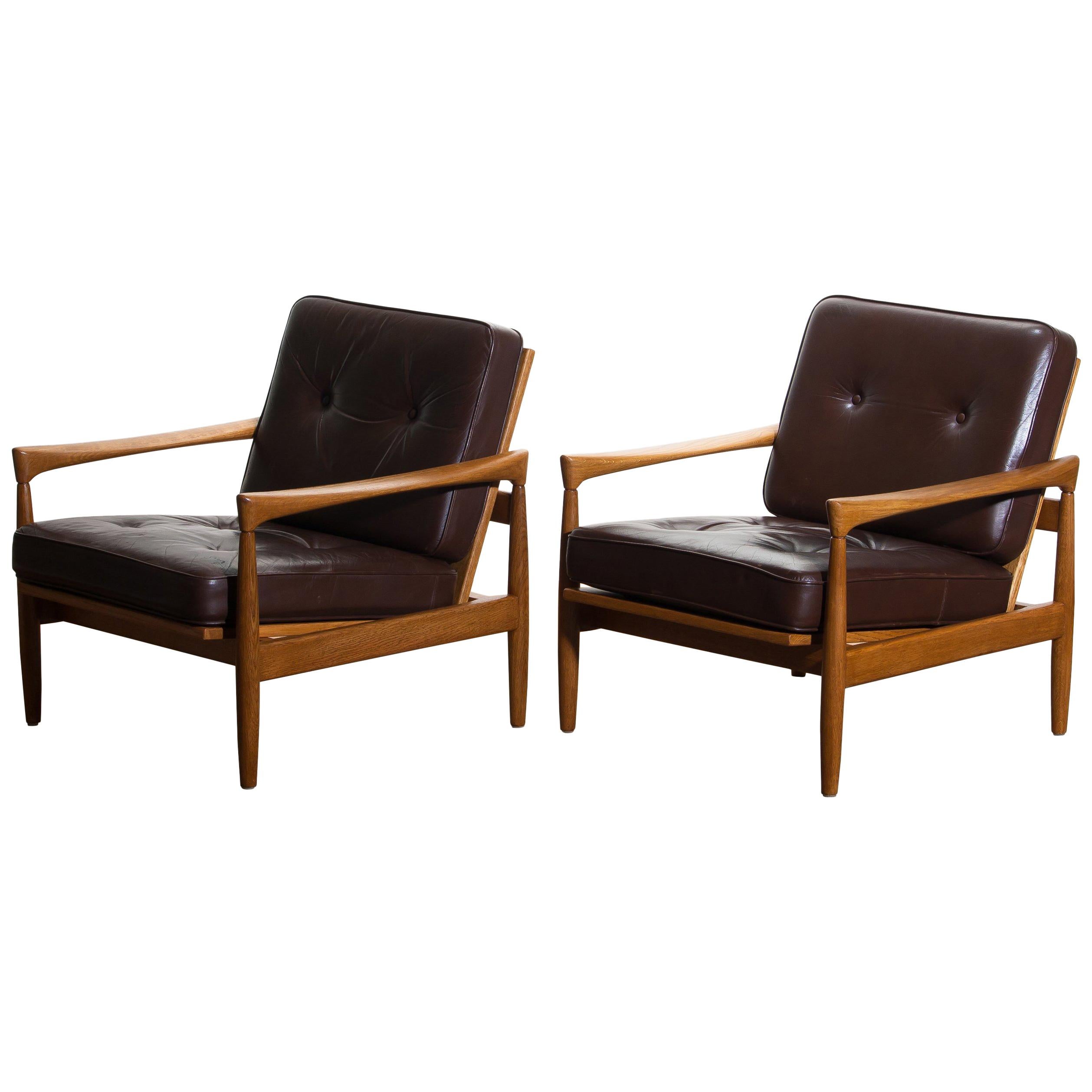 1960s, Set of Two Oak and Brown Leather Easy or Lounge Chairs by Erik Wörtz In Good Condition In Silvolde, Gelderland