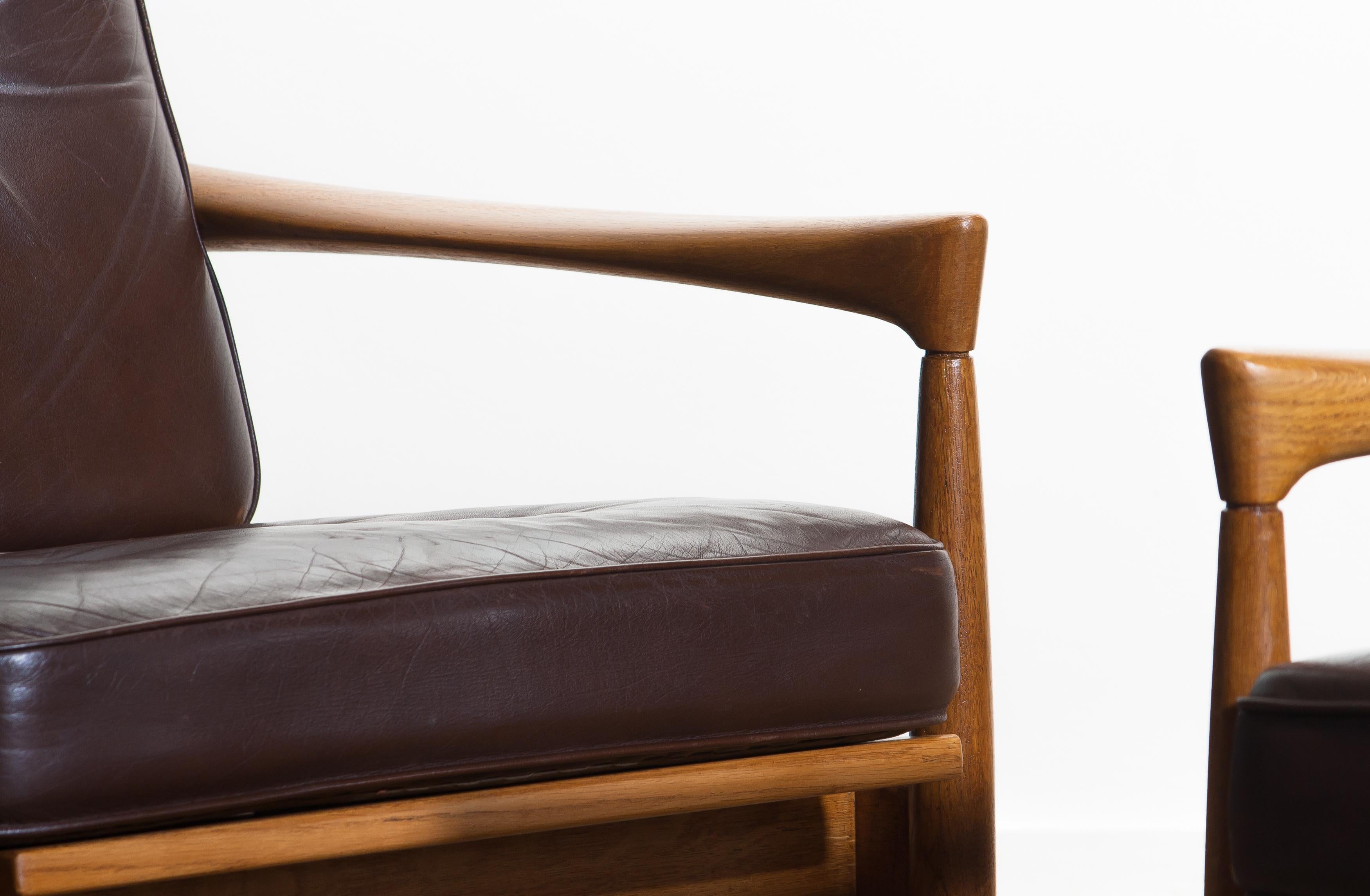 Mid-20th Century 1960s, Set of Two Oak and Brown Leather Easy or Lounge Chairs by Erik Wörtz
