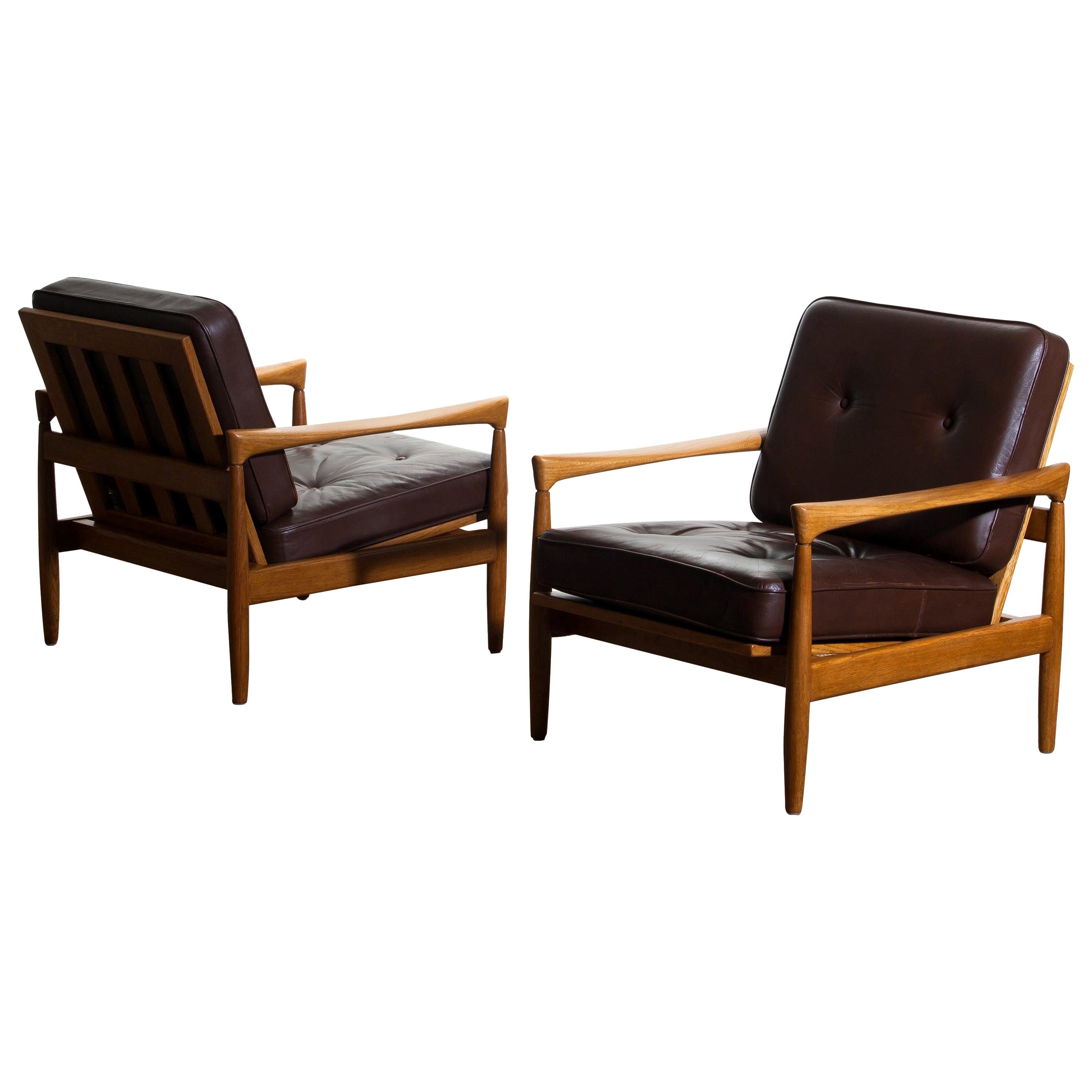 1960s, Set of Two Oak and Brown Leather Easy or Lounge Chairs by Erik Wörtz
