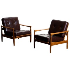 1960s, Set of Two Oak and Brown Leather Easy or Lounge Chairs by Erik Wörtz