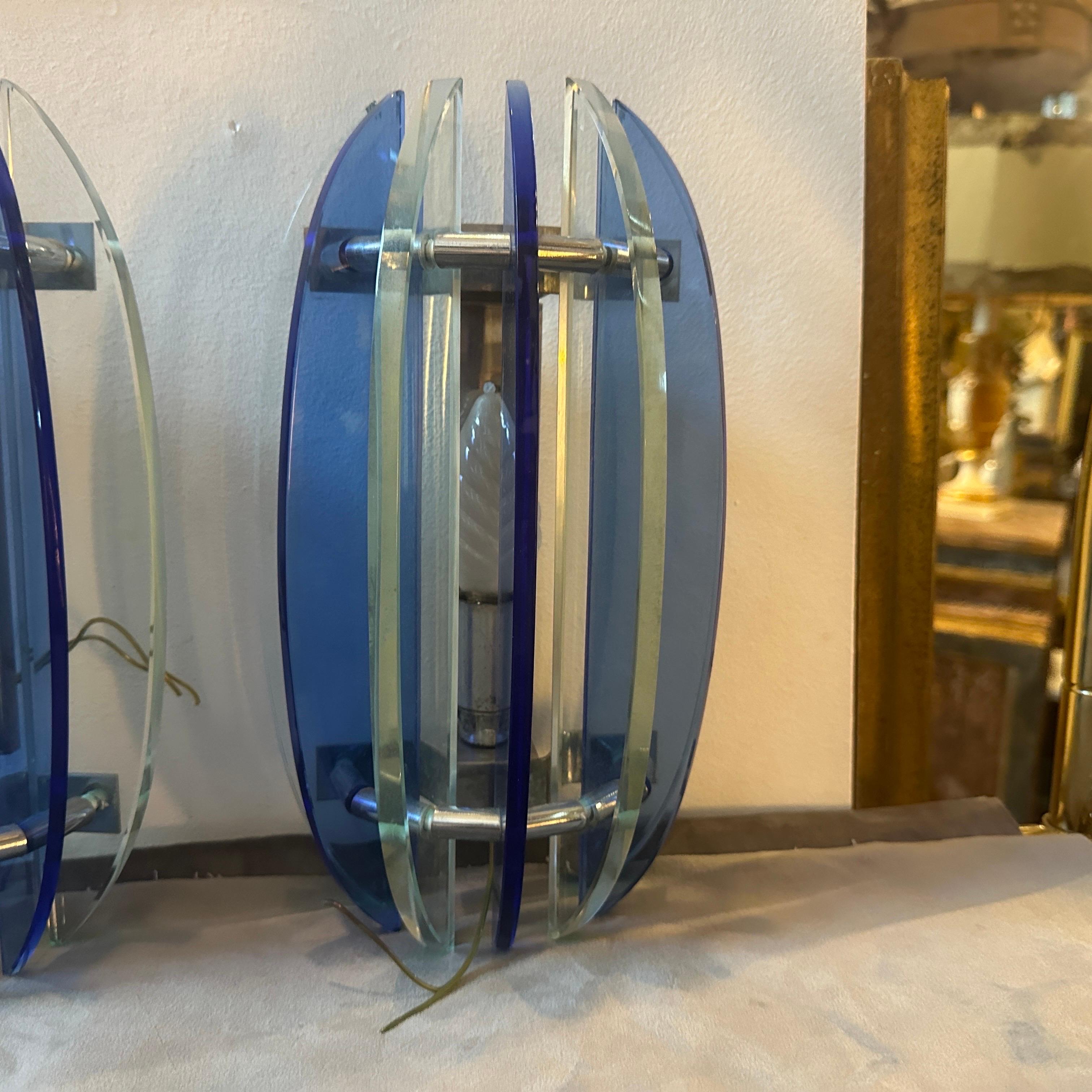 20th Century 1960s Set of Two Space Age Blue and Gray Glass Italian Wall Sconces by Veca