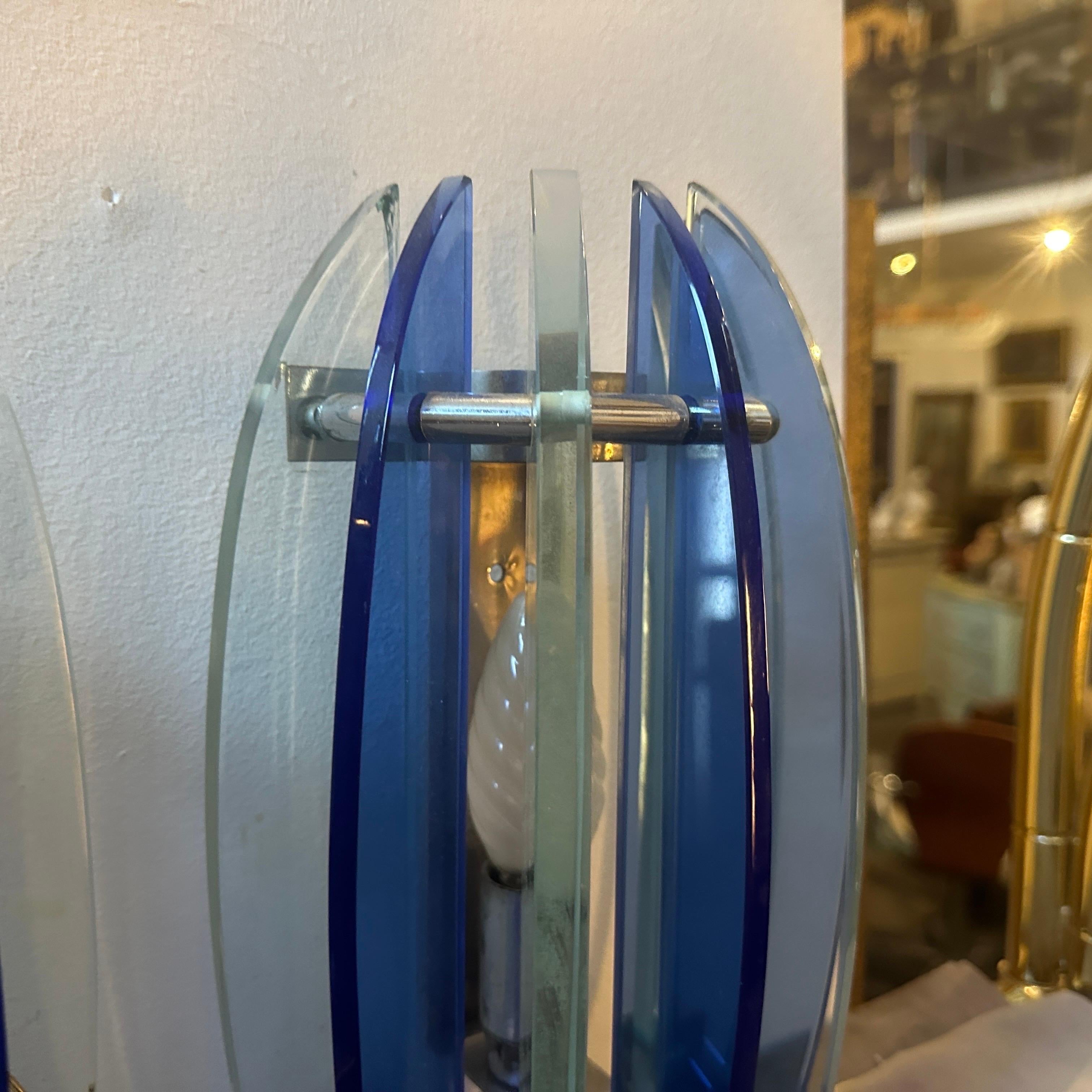 Metal 1960s Set of Two Space Age Blue and Gray Glass Italian Wall Sconces by Veca