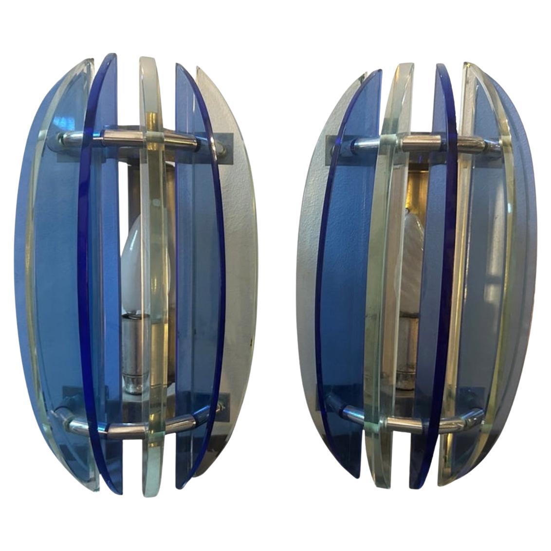 1960s Set of Two Space Age Blue and Gray Glass Italian Wall Sconces by Veca For Sale