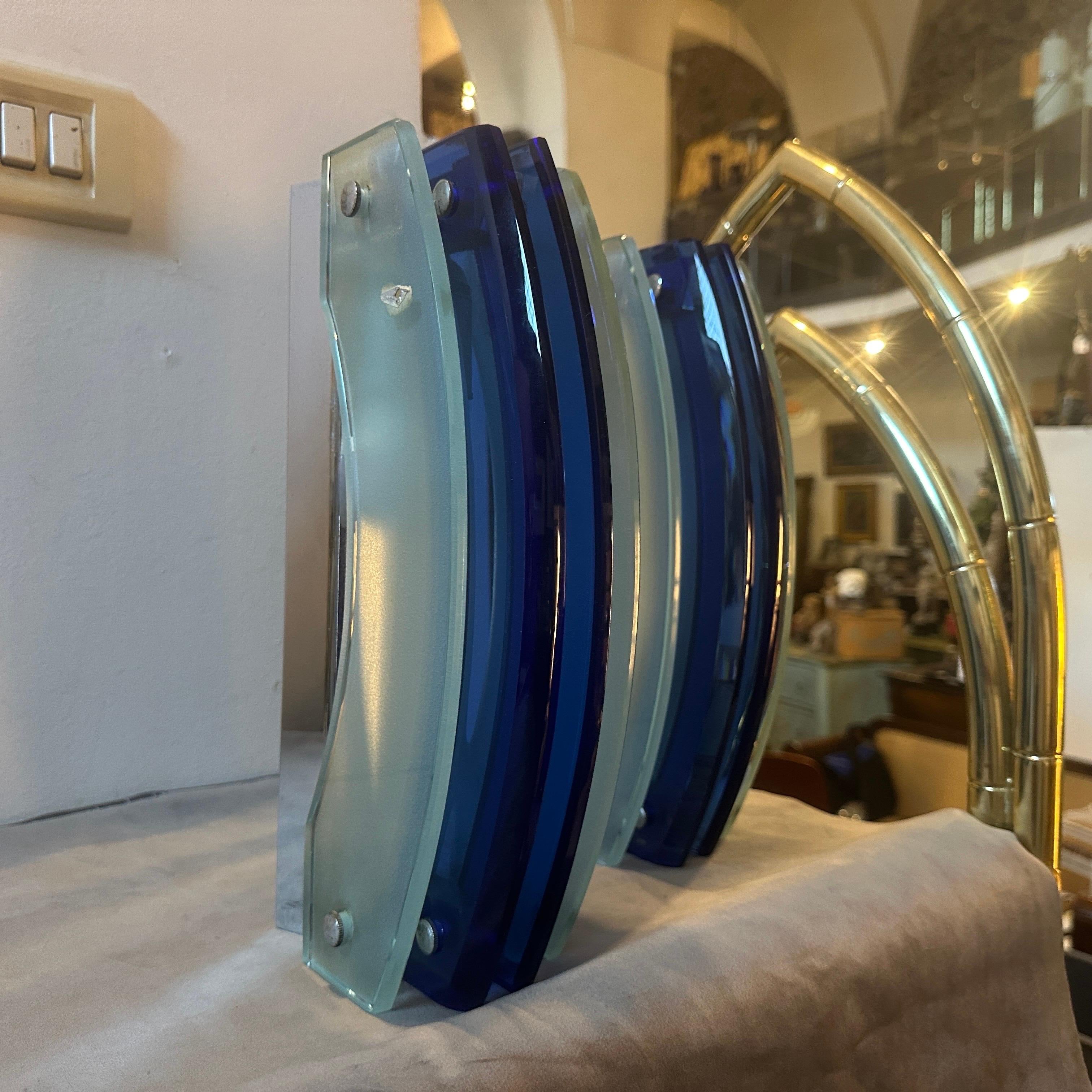 Mid-Century Modern 1960s Set of Two Space Age Blue Heavy Glass Italian Wall Sconces by Veca For Sale