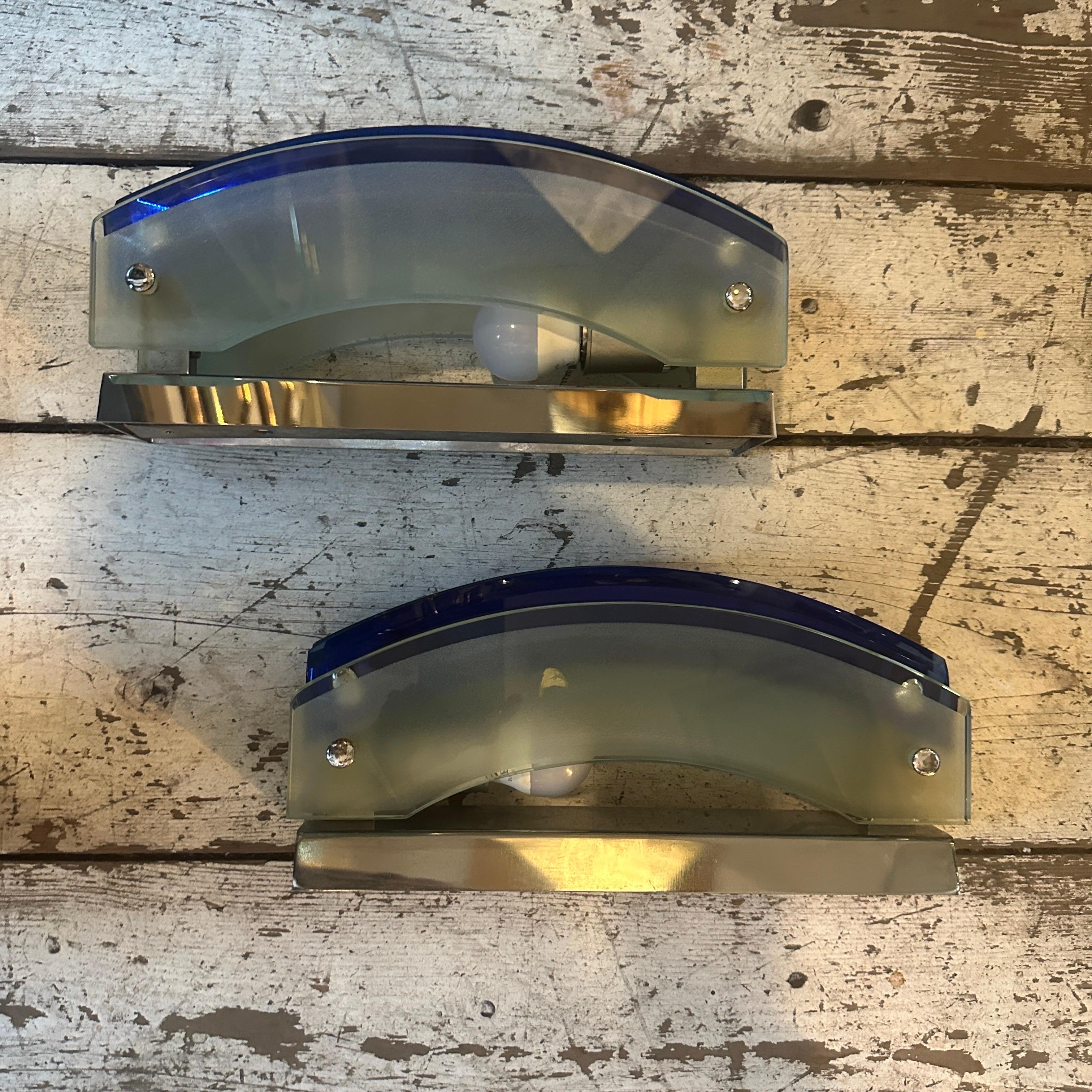 1960s Set of Two Space Age Blue Heavy Glass Italian Wall Sconces by Veca For Sale 3