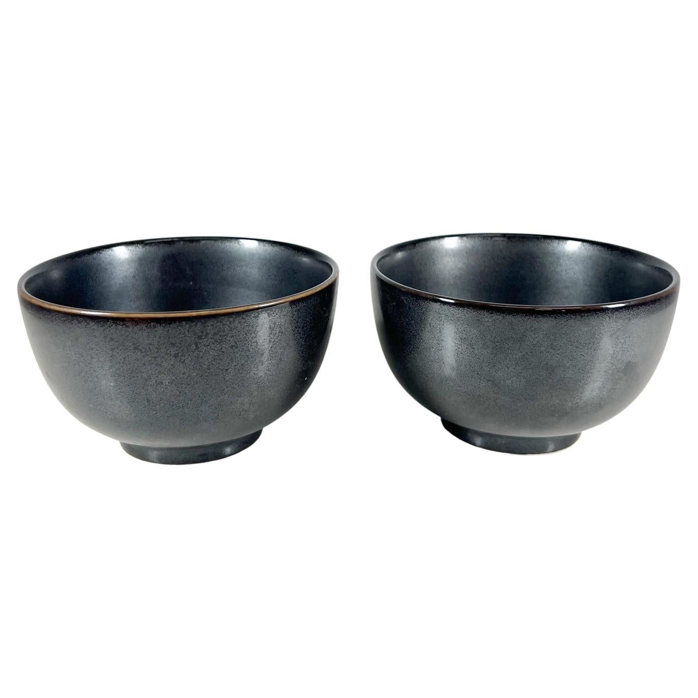 1960s Set of Two Vintage Black Pottery Cups Small Bowls Japan