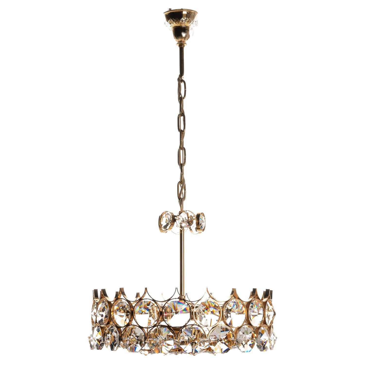 1960's Seven-Light Gilt Brass and Crystal Glass Chandelier by Palwa For Sale