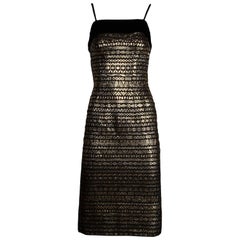 1960s Sexy Vintage Metallic Gold + Black Sheath Cocktail Dress with Velvet Trim