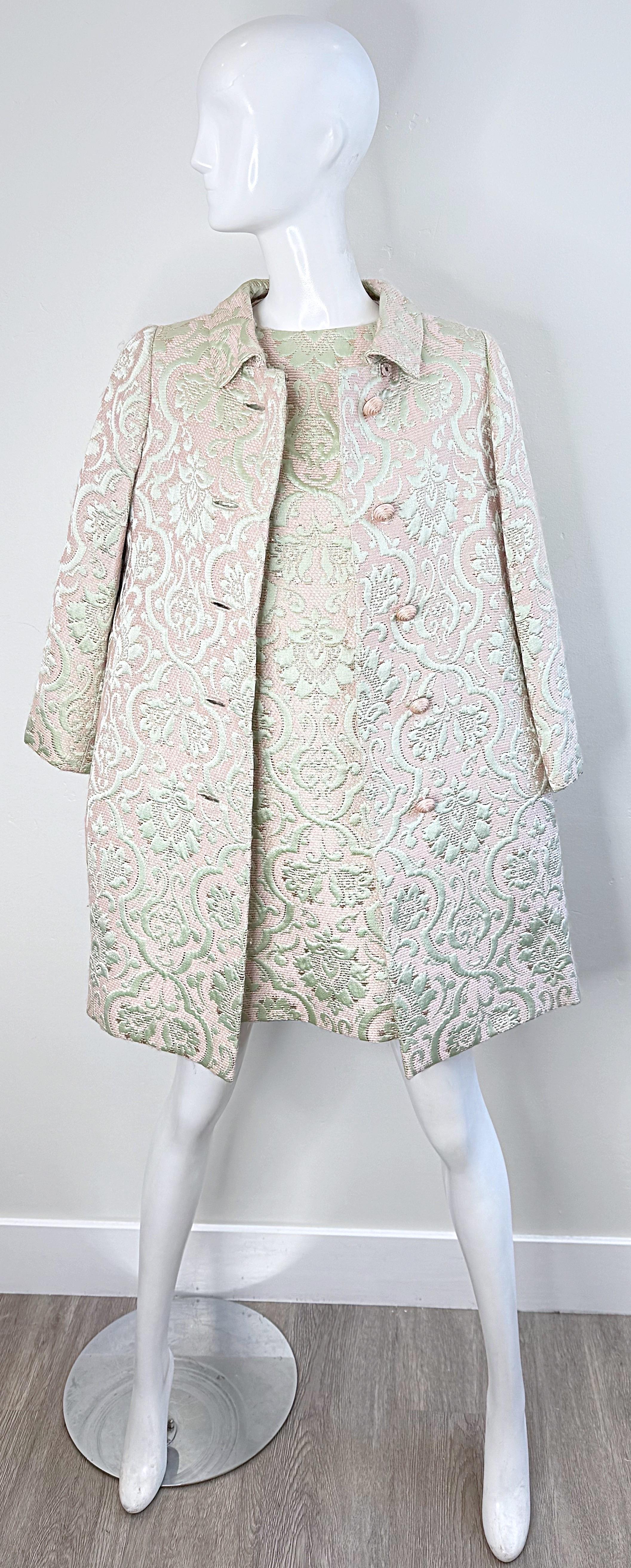 1960s Seymour Fox Pink + Ivory Silk Brocade Vintage 60s A Line Dress and Jacket 10