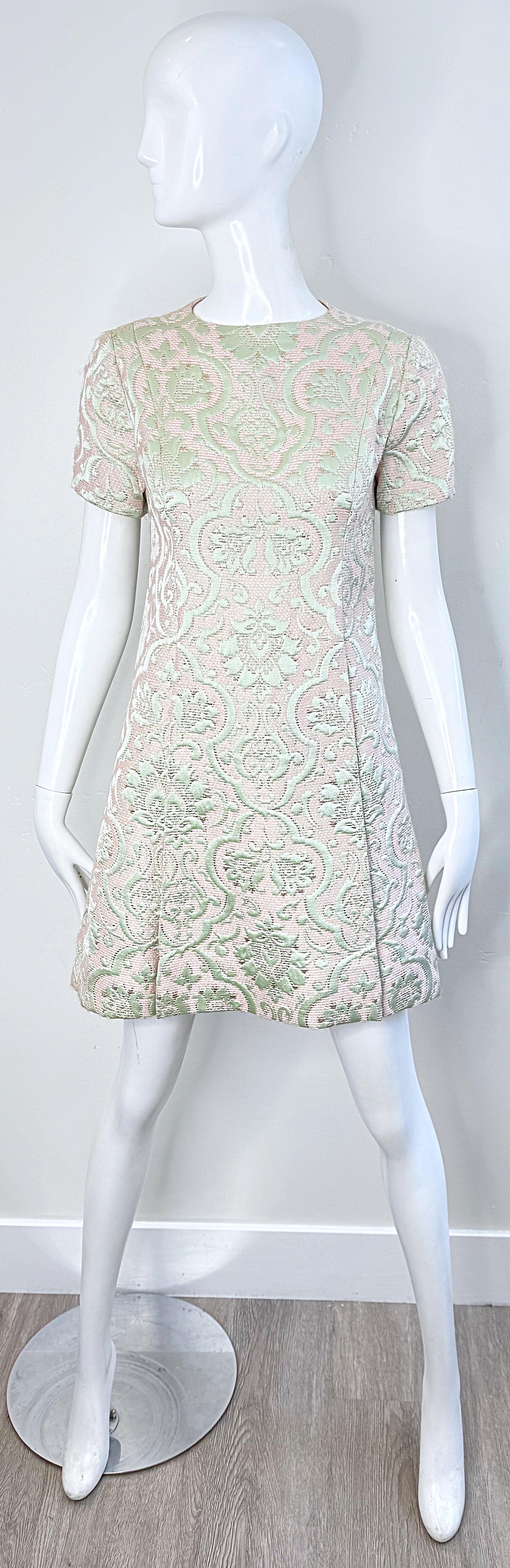 White 1960s Seymour Fox Pink + Ivory Silk Brocade Vintage 60s A Line Dress and Jacket