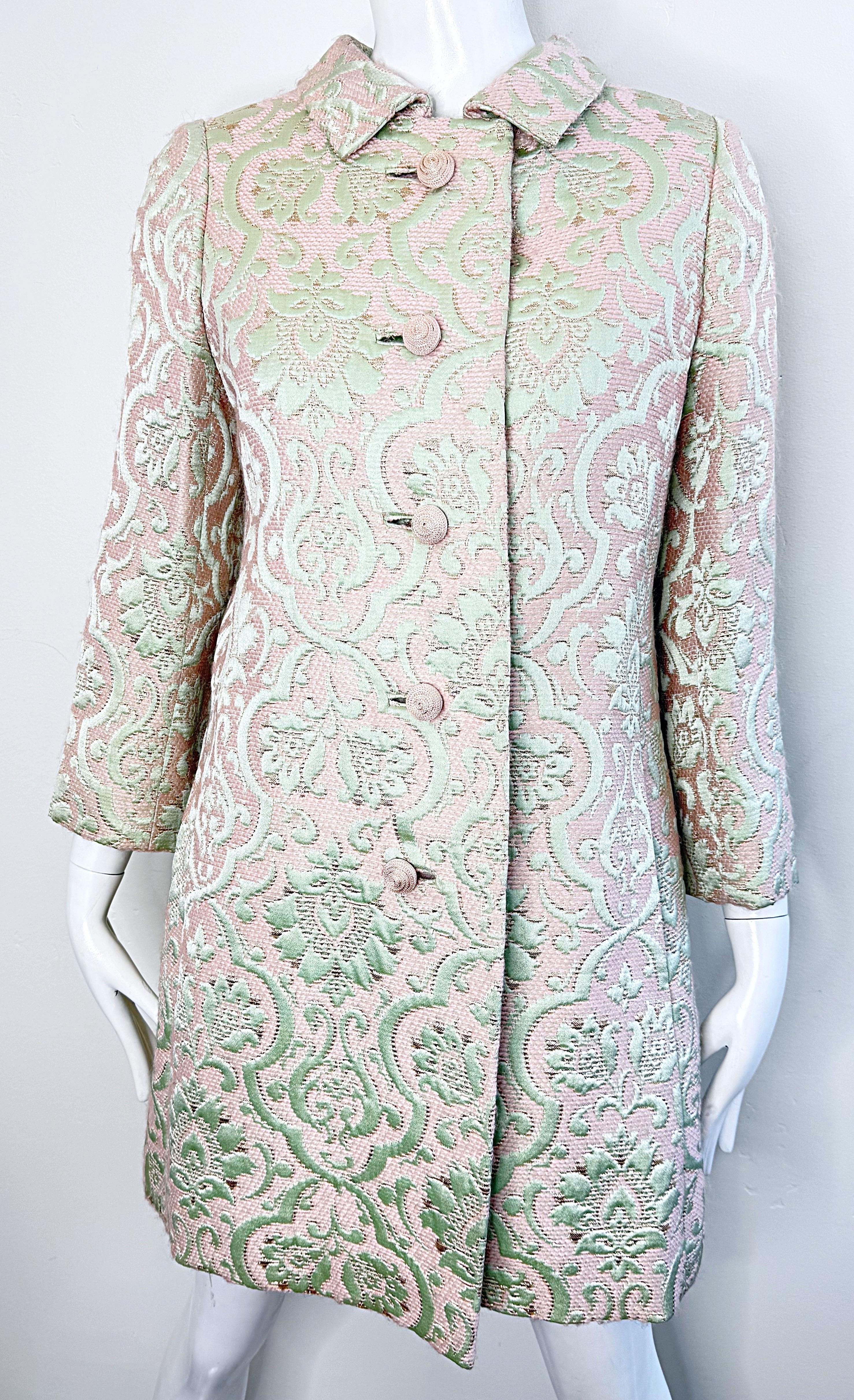 1960s Seymour Fox Pink + Ivory Silk Brocade Vintage 60s A Line Dress and Jacket In Excellent Condition In San Diego, CA