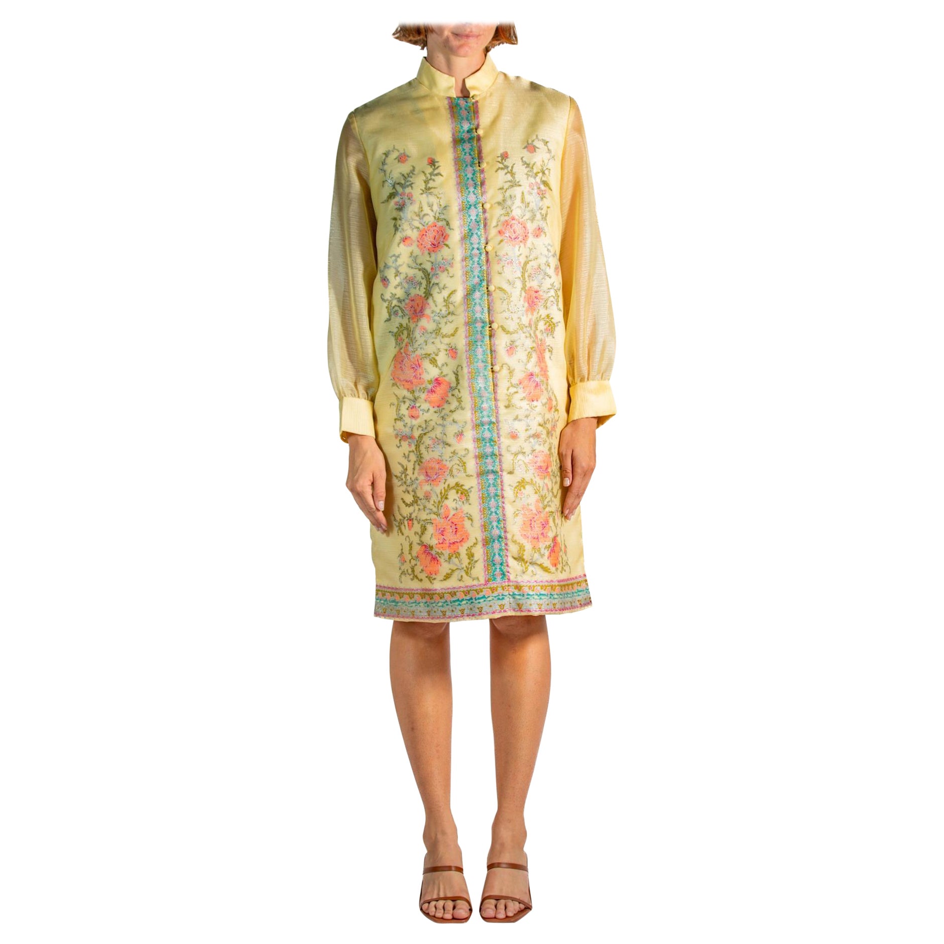 1960S Shaheen Butter Gelb Floral Polyester Langarm Hemdkleid