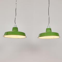 1960's Short Industrial Green Enamel Pendant Lamps - Pair