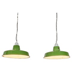 1960's Short Industrial Green Enamel Pendant Lamps - Pair