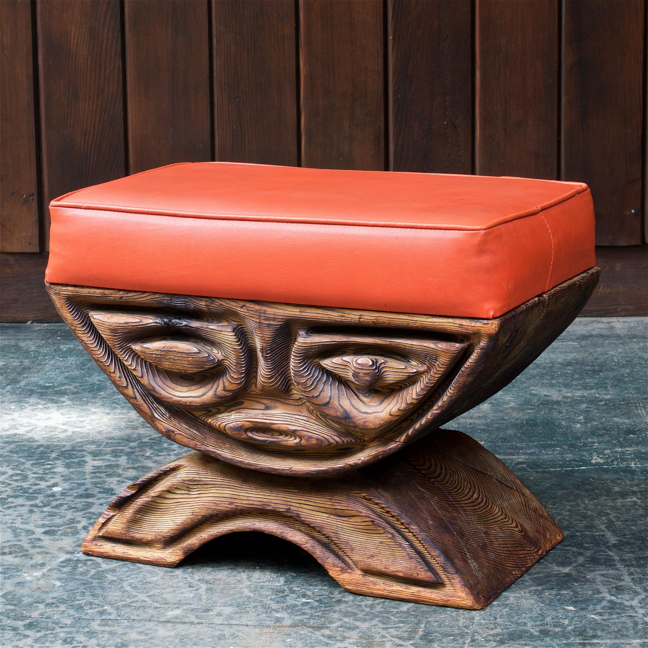Original orange vinyl upholstery could be re-done to match your setting. A playful throwback from a different time. Good weight, solid wood.

  