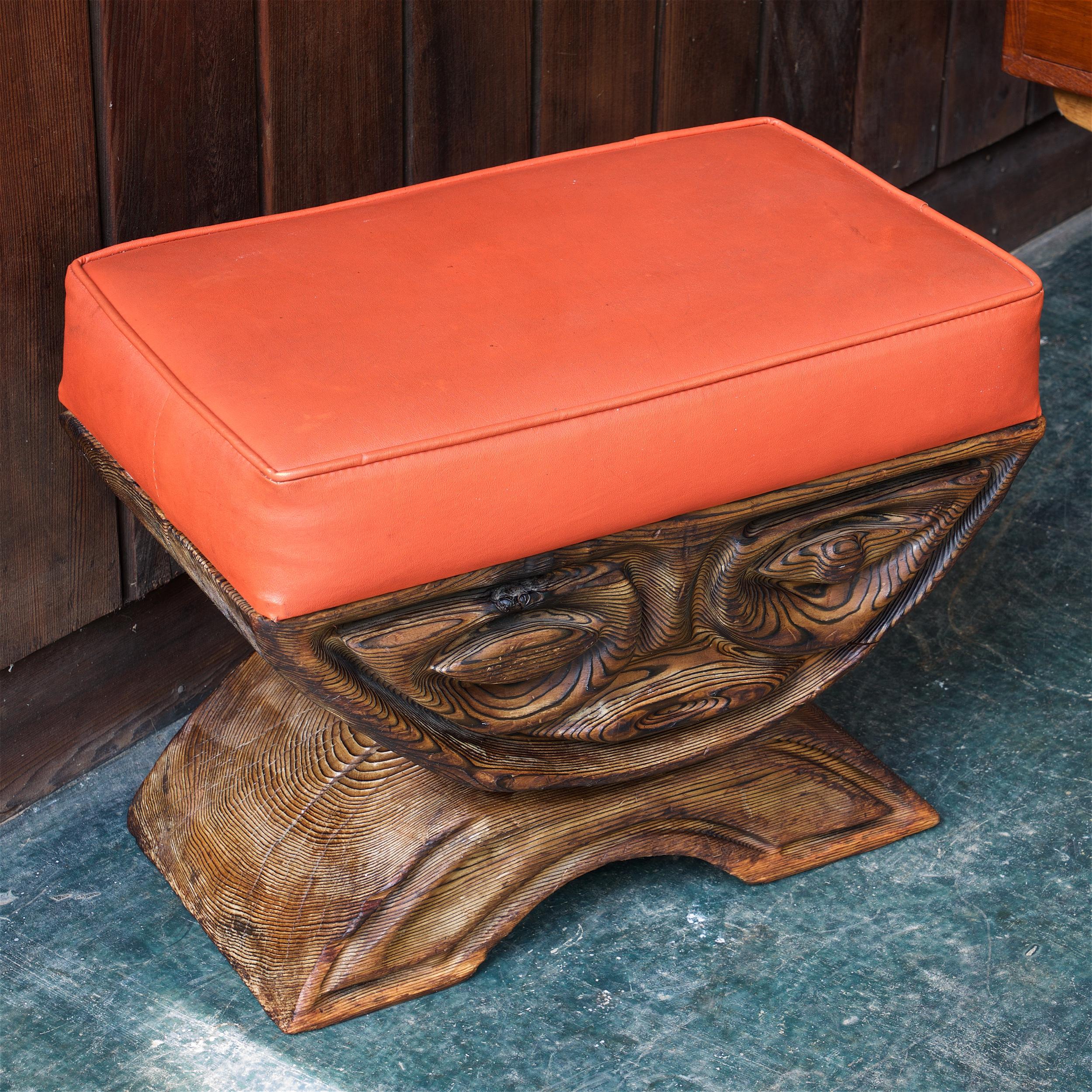 Tribal 1960s Shou-sugi-ban Stool Polynesian Tiki Jungle Wood Sculpture Orange Kids Room