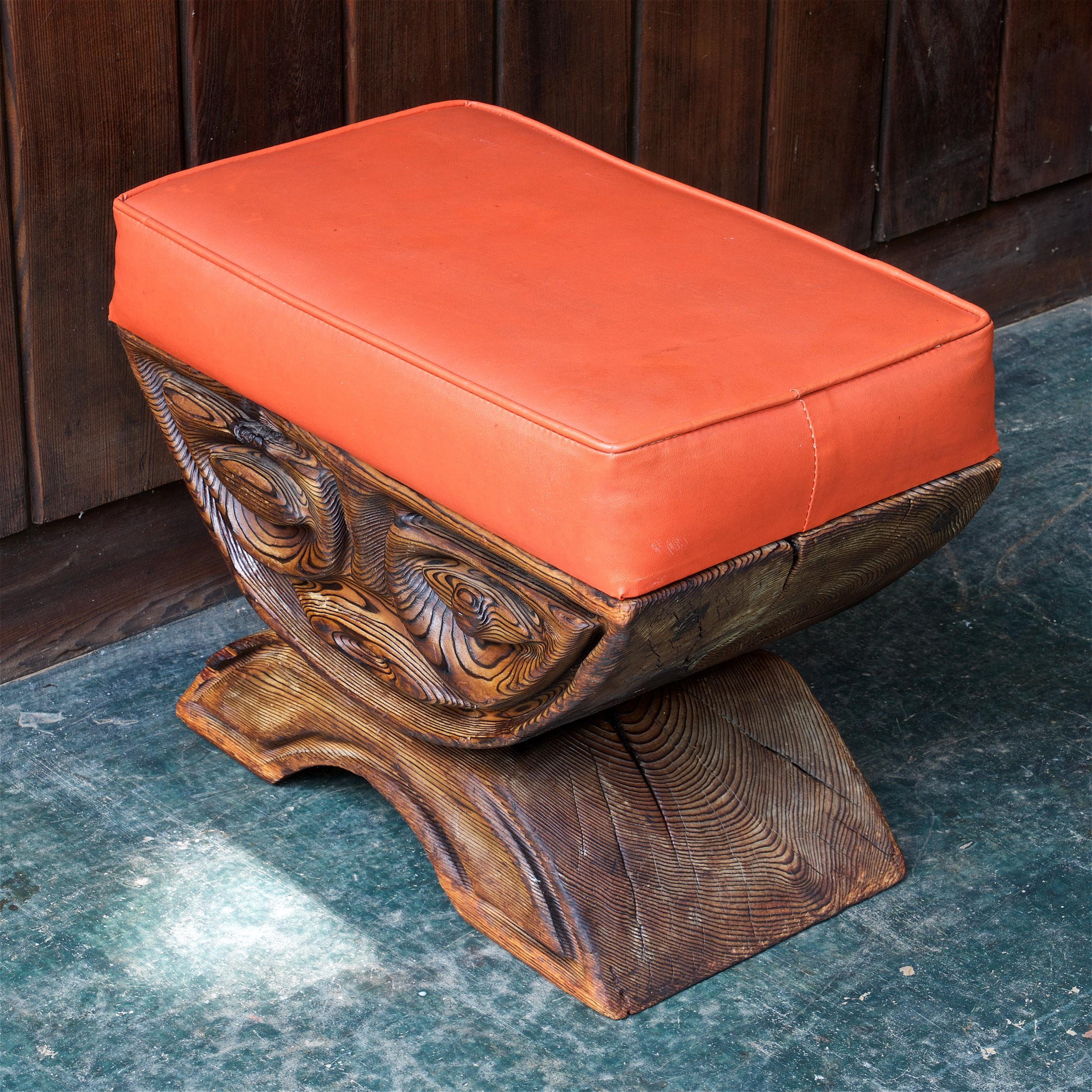 American 1960s Shou-sugi-ban Stool Polynesian Tiki Jungle Wood Sculpture Orange Kids Room