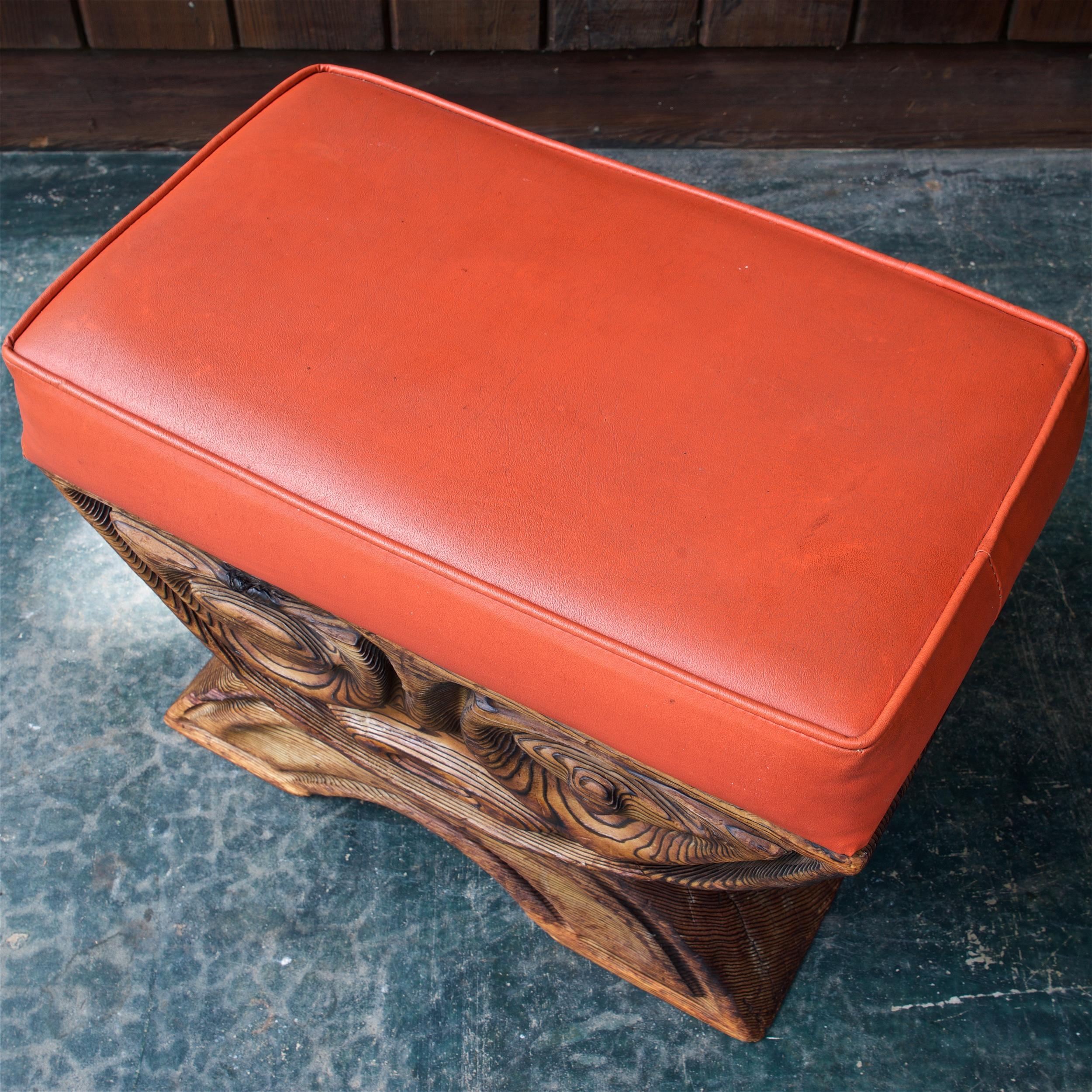 Hand-Carved 1960s Shou-sugi-ban Stool Polynesian Tiki Jungle Wood Sculpture Orange Kids Room