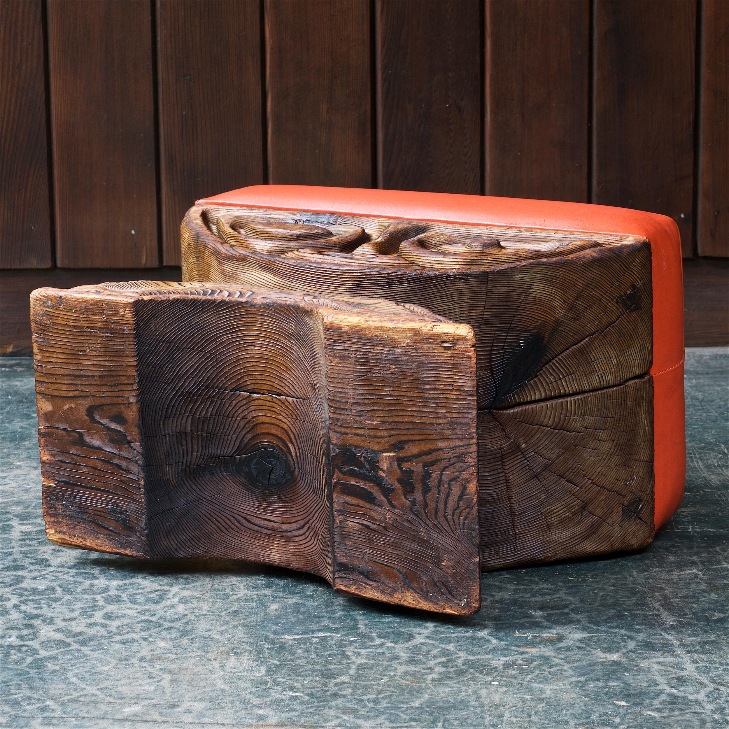 Mid-20th Century 1960s Shou-sugi-ban Stool Polynesian Tiki Jungle Wood Sculpture Orange Kids Room