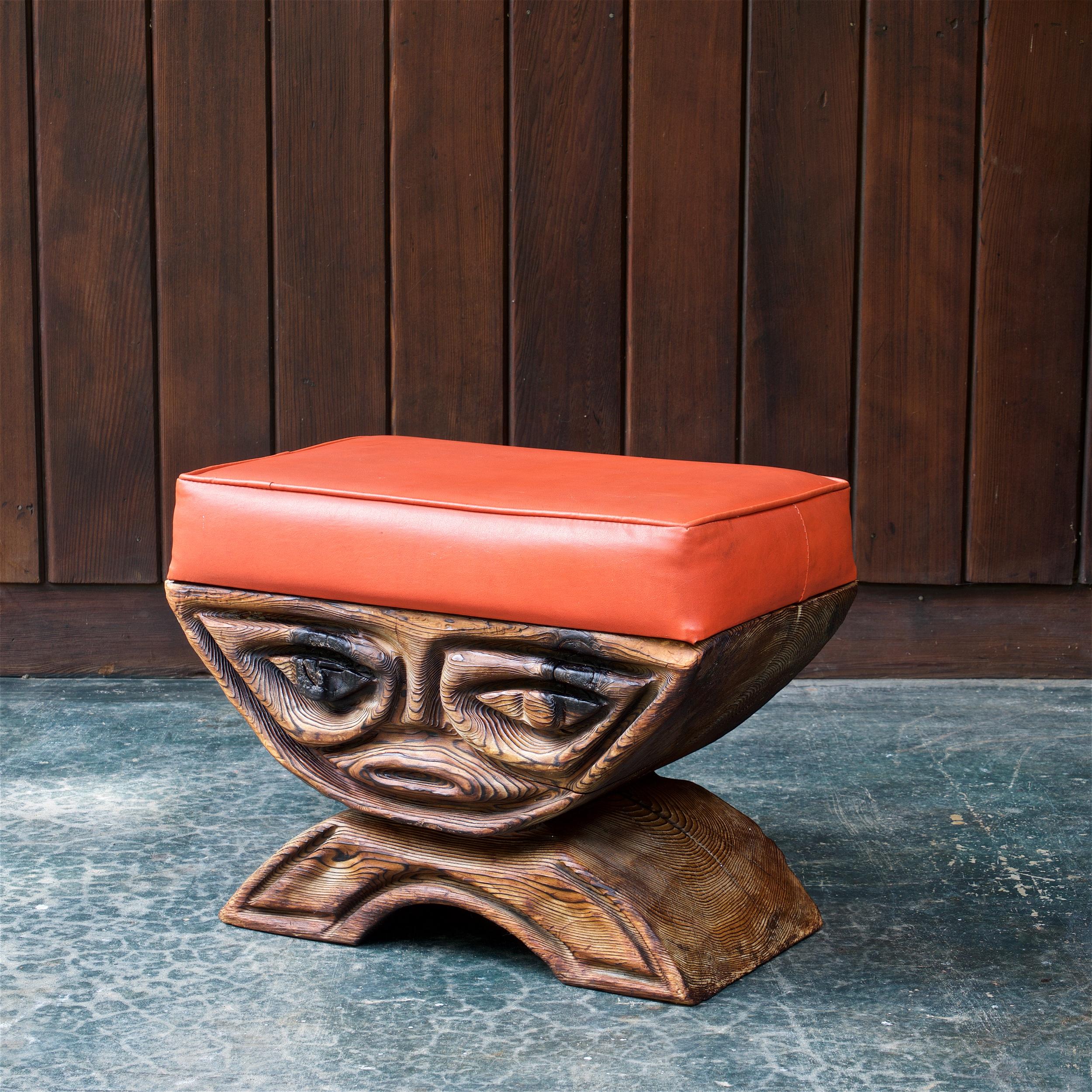 1960s Shou-sugi-ban Stool Polynesian Tiki Jungle Wood Sculpture Orange Kids Room 1