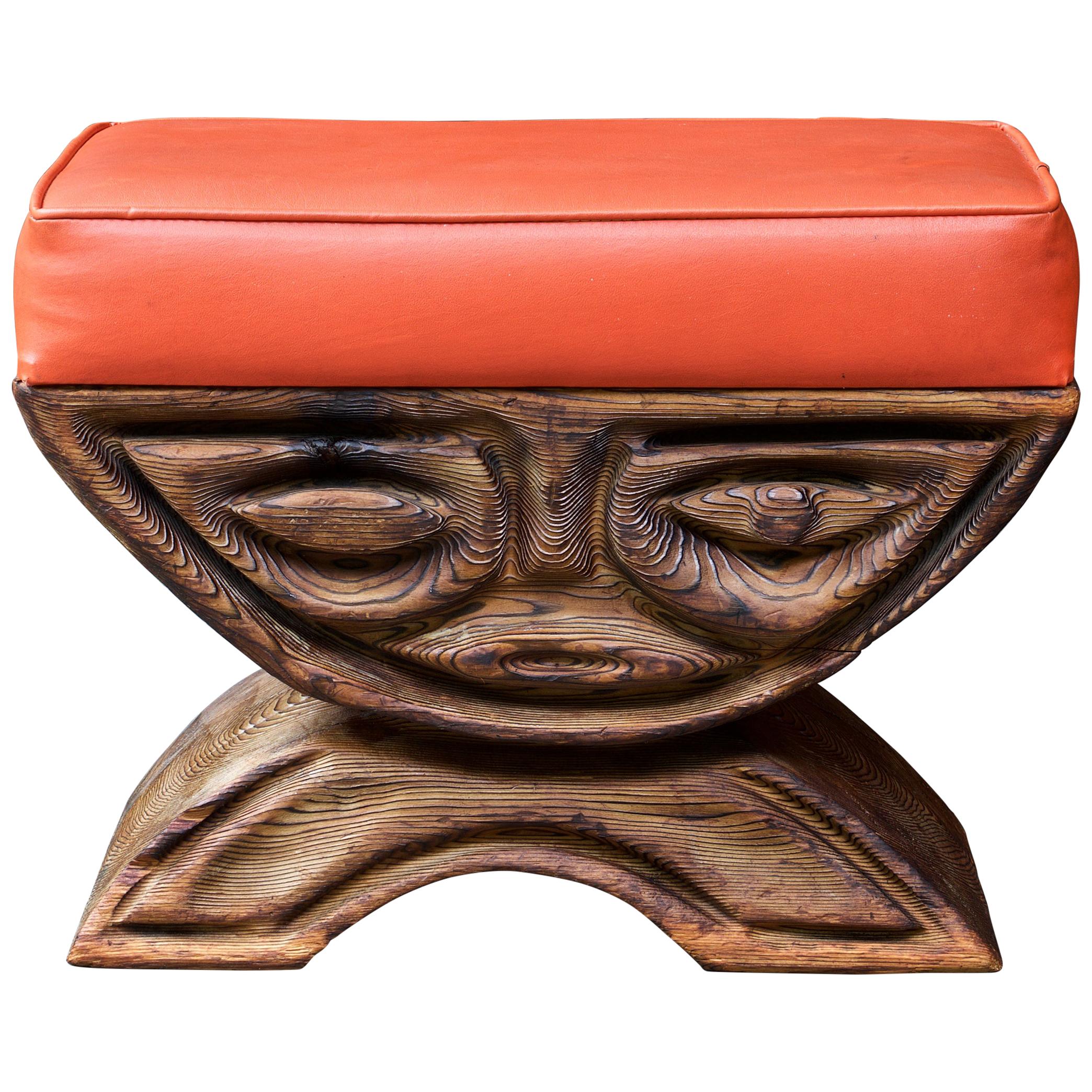 1960s Shou-sugi-ban Stool Polynesian Tiki Jungle Wood Sculpture Orange Kids Room