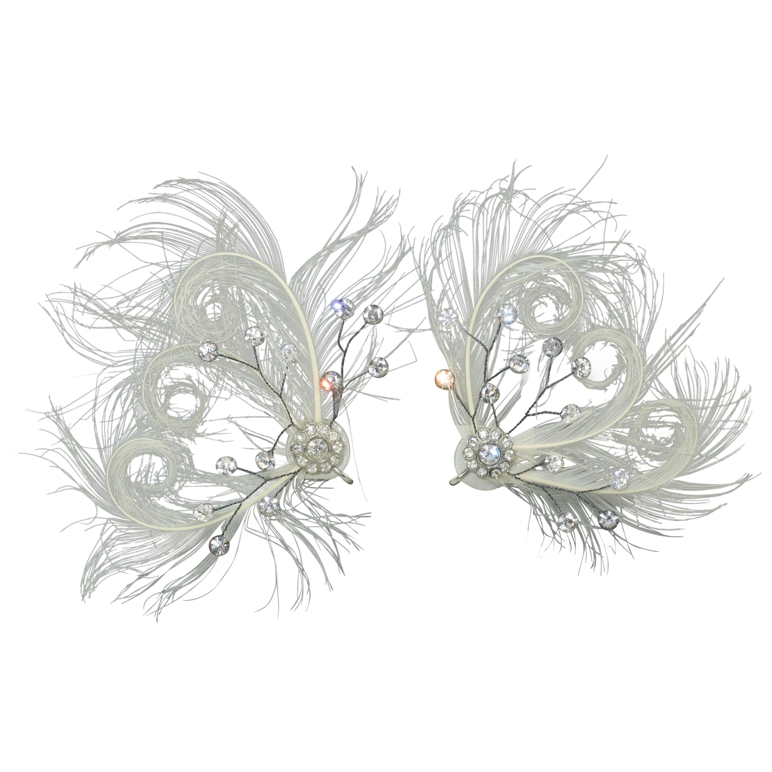 1960
s Showgirl Style Feather 
Rhinestone Earrings